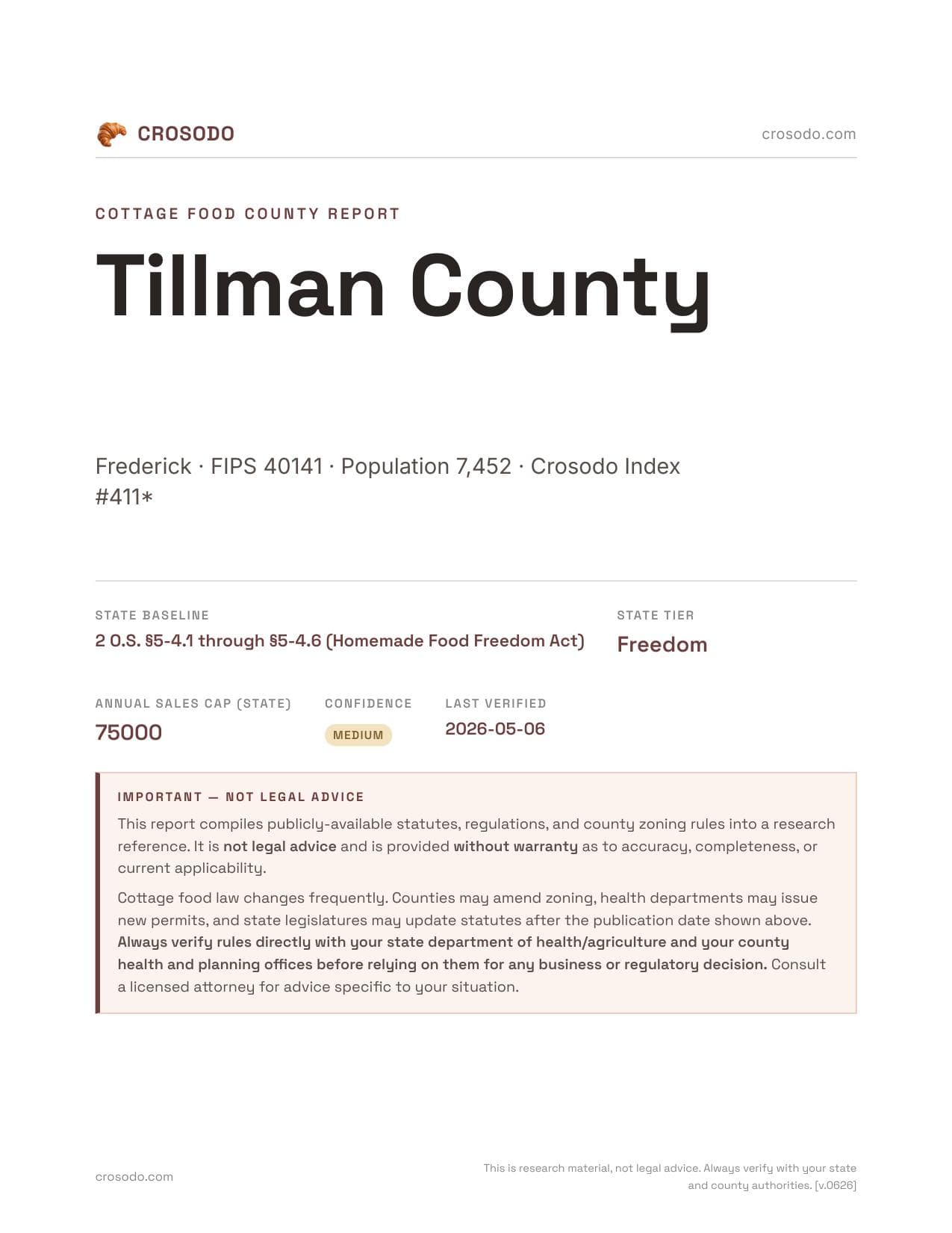 Cover of Tillman County county cottage food report