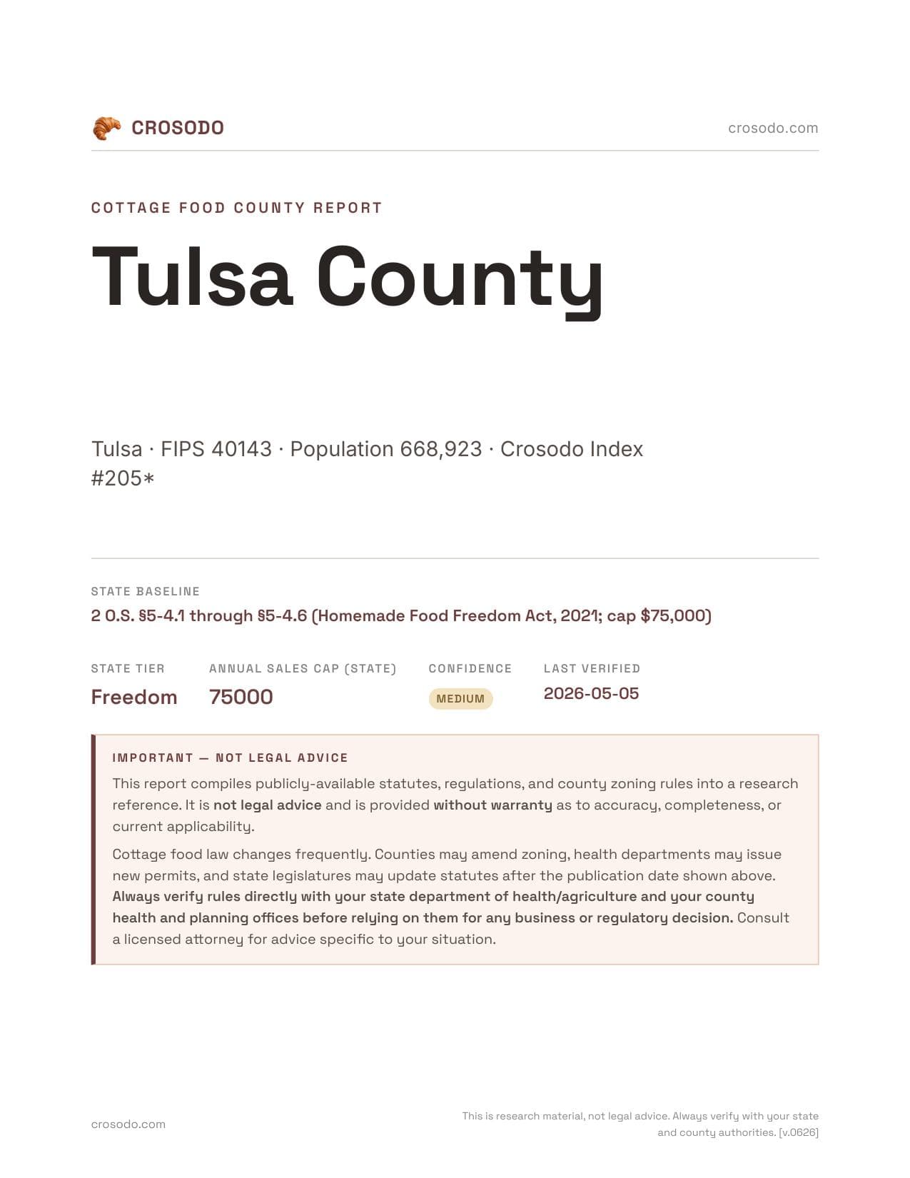Cover of Tulsa County county cottage food report