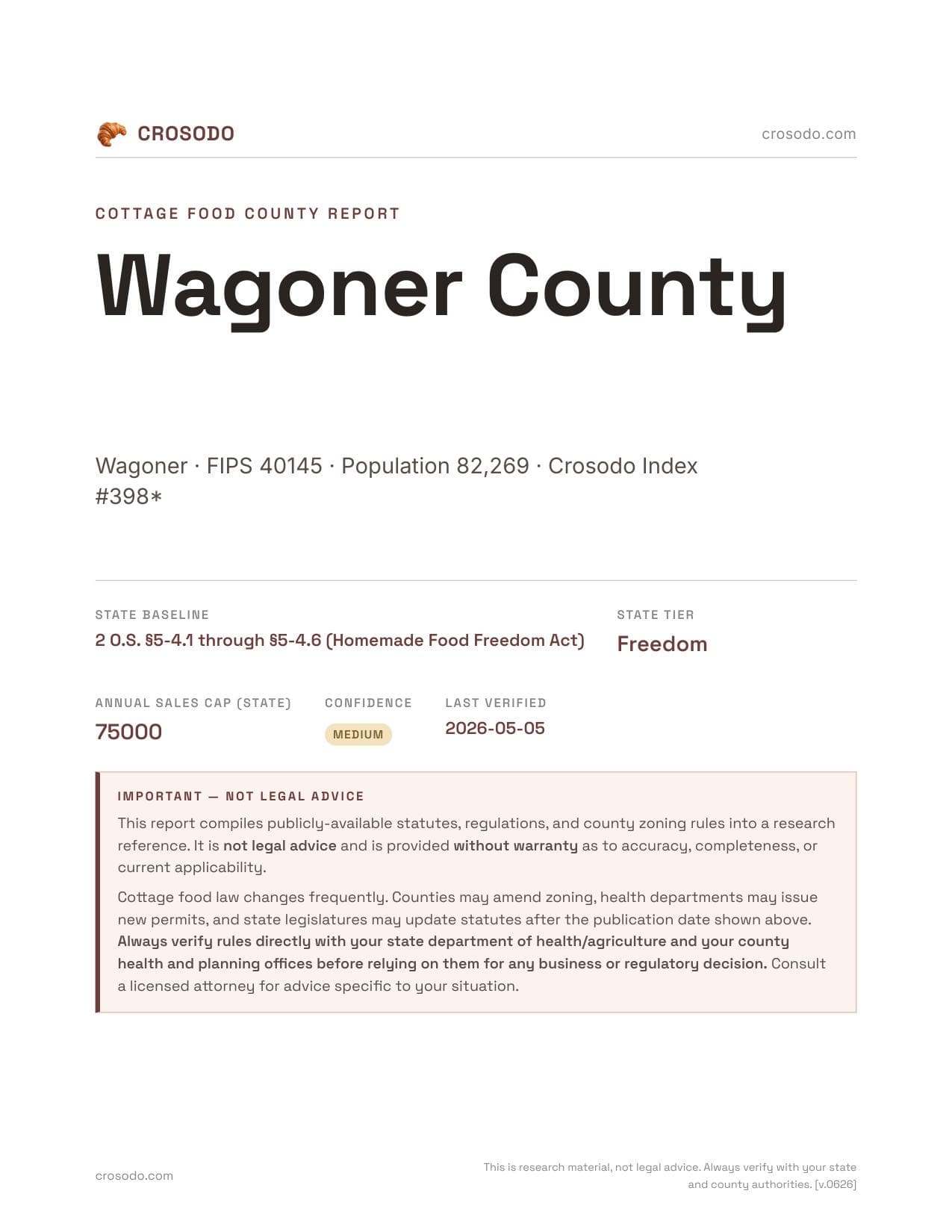 Cover of Wagoner County county cottage food report