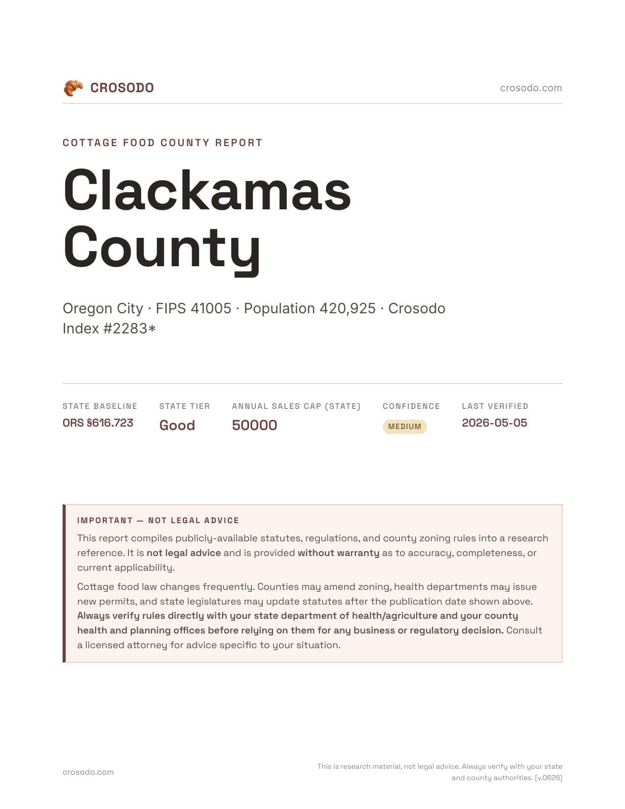 Cover of Clackamas County county cottage food report