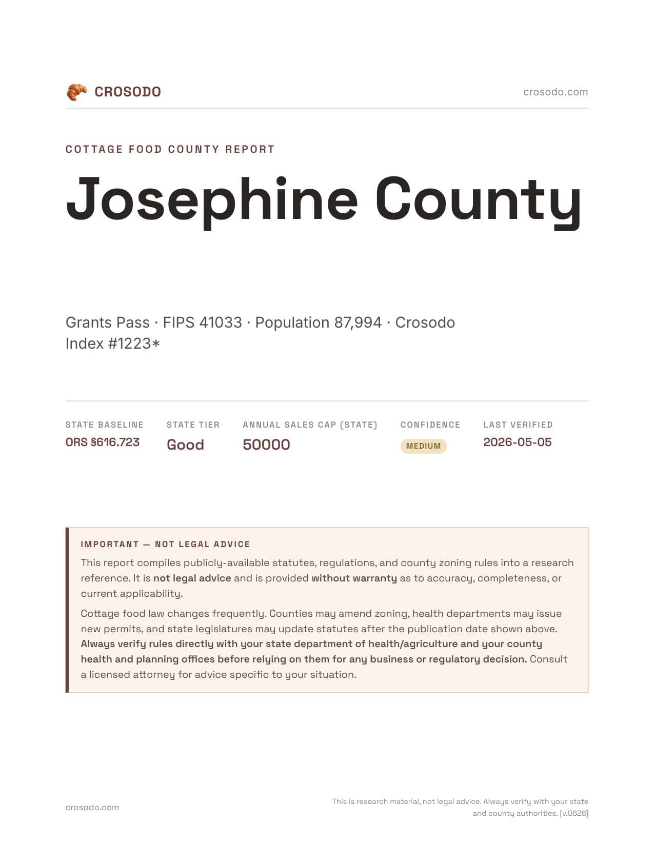 Cover of Josephine County county cottage food report