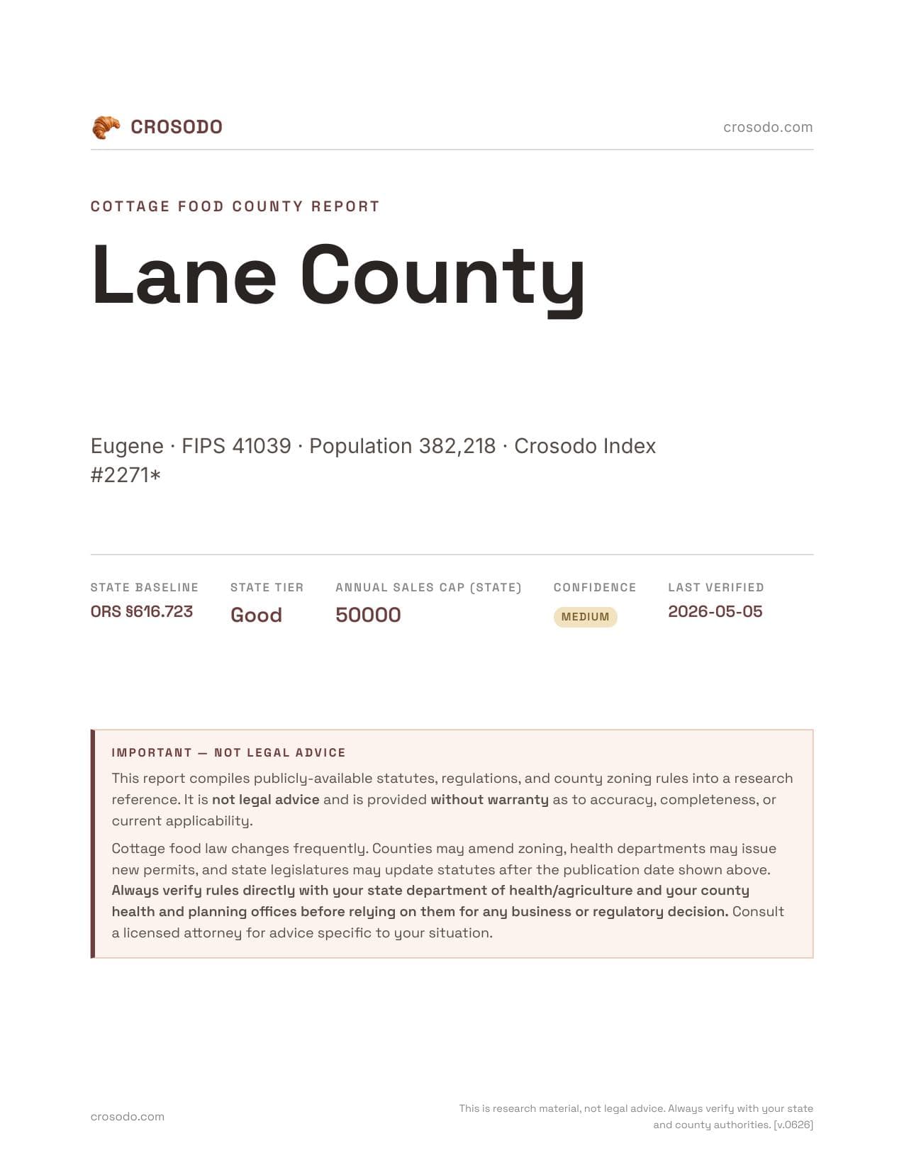 Cover of Lane County county cottage food report