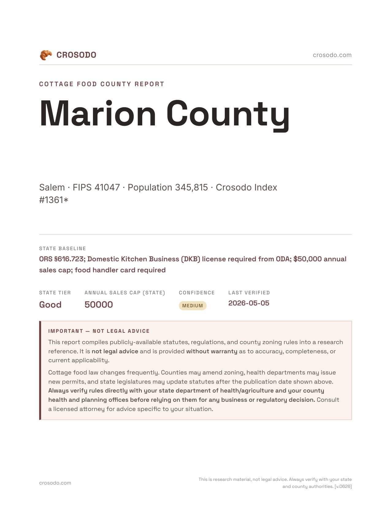Cover of Marion County county cottage food report