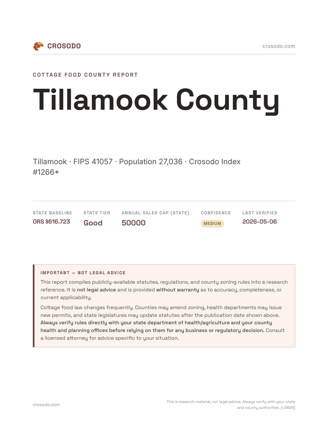 Cover of Tillamook County county cottage food report