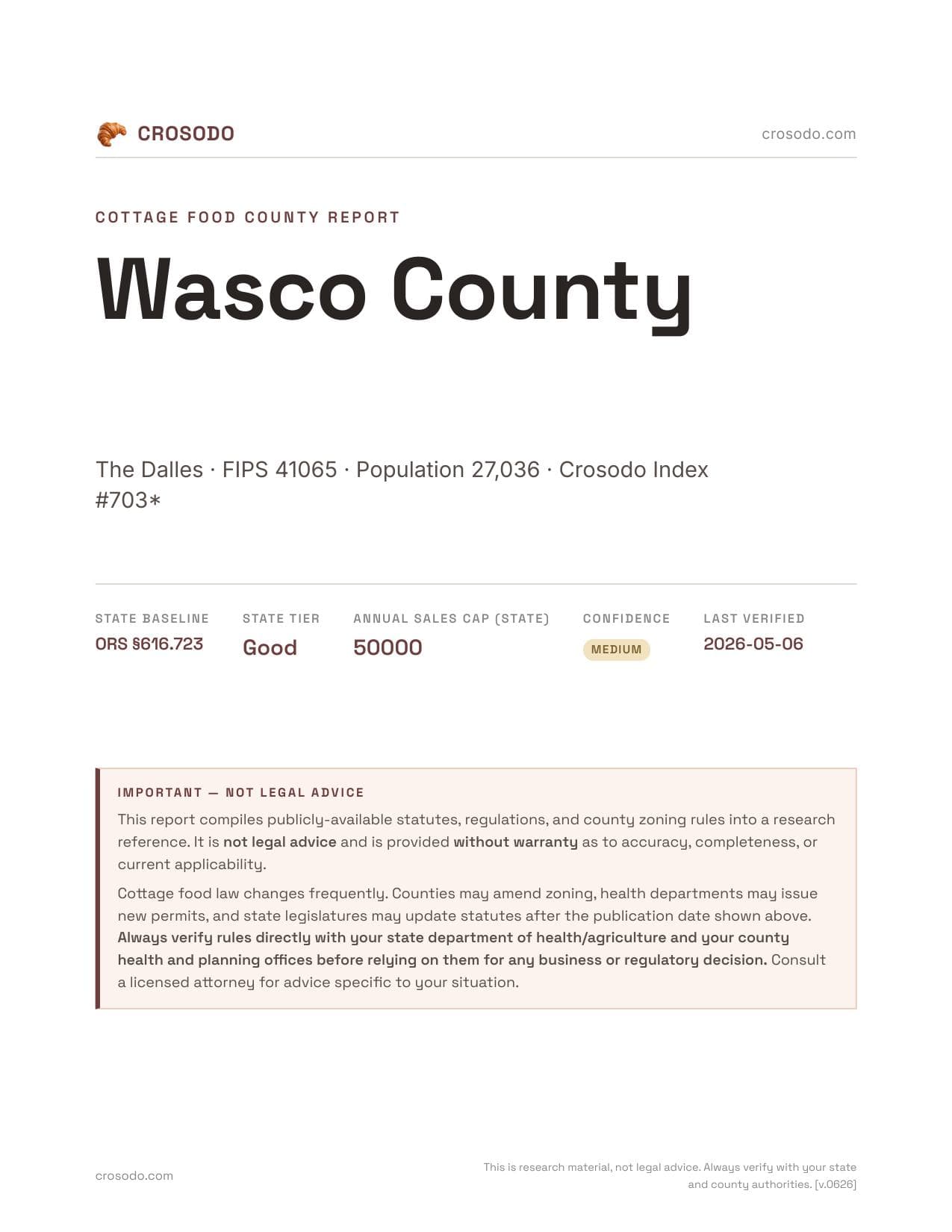 Cover of Wasco County county cottage food report