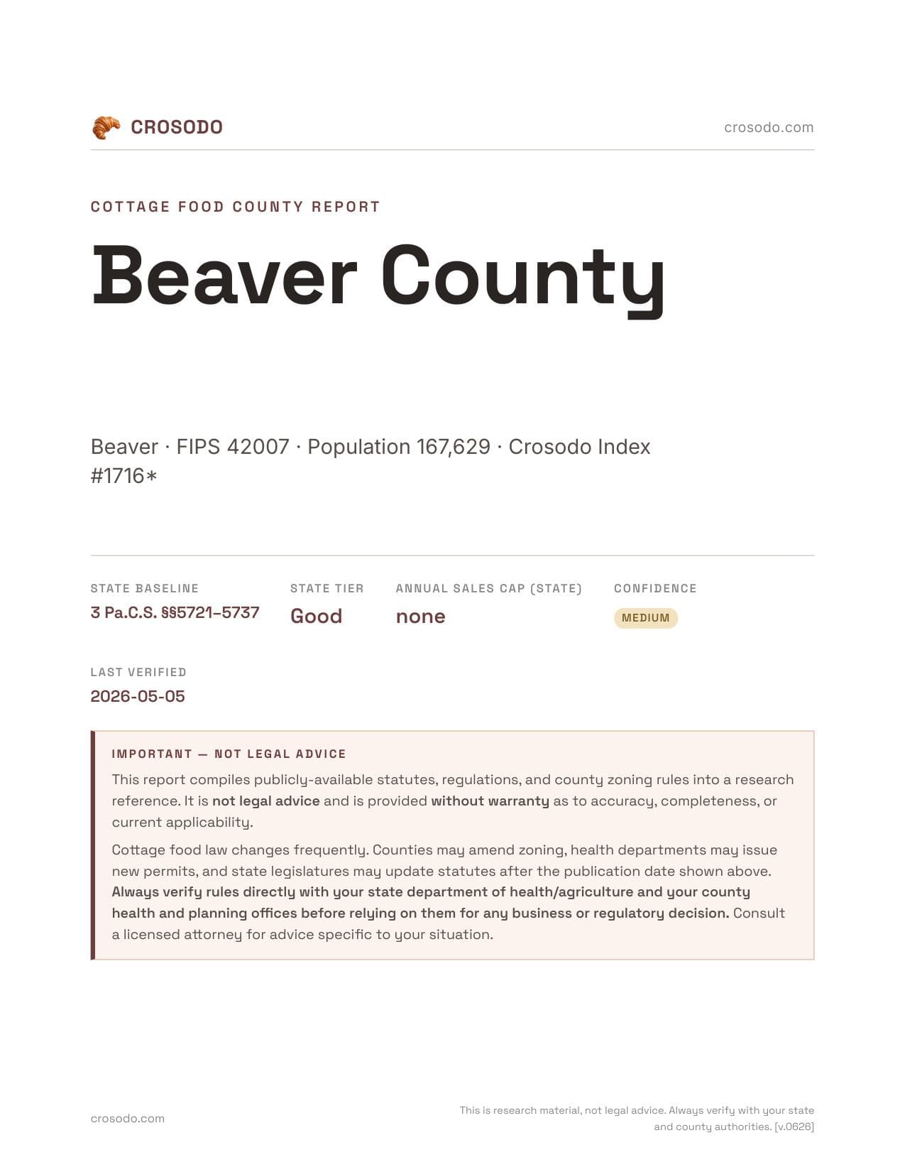 Cover of Beaver County county cottage food report