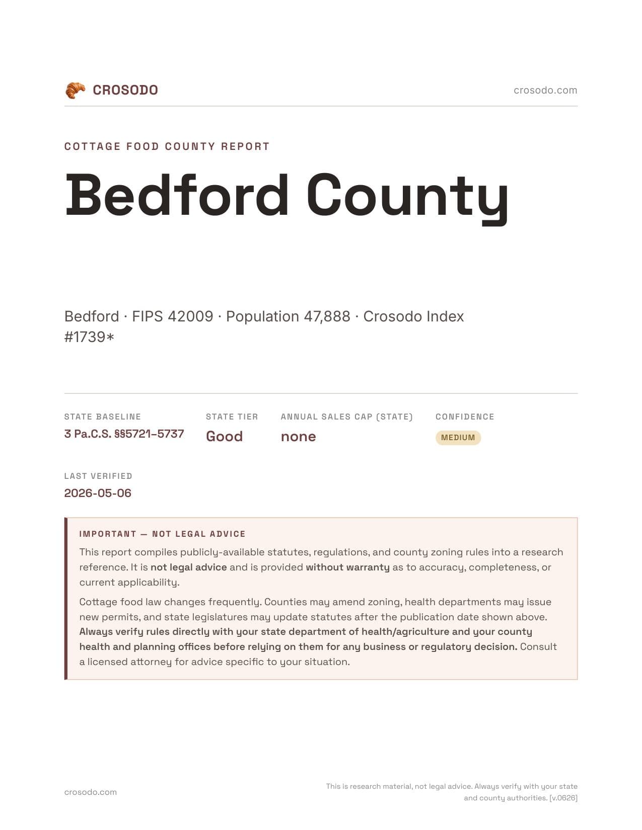 Cover of Bedford County, Pennsylvania cottage food report