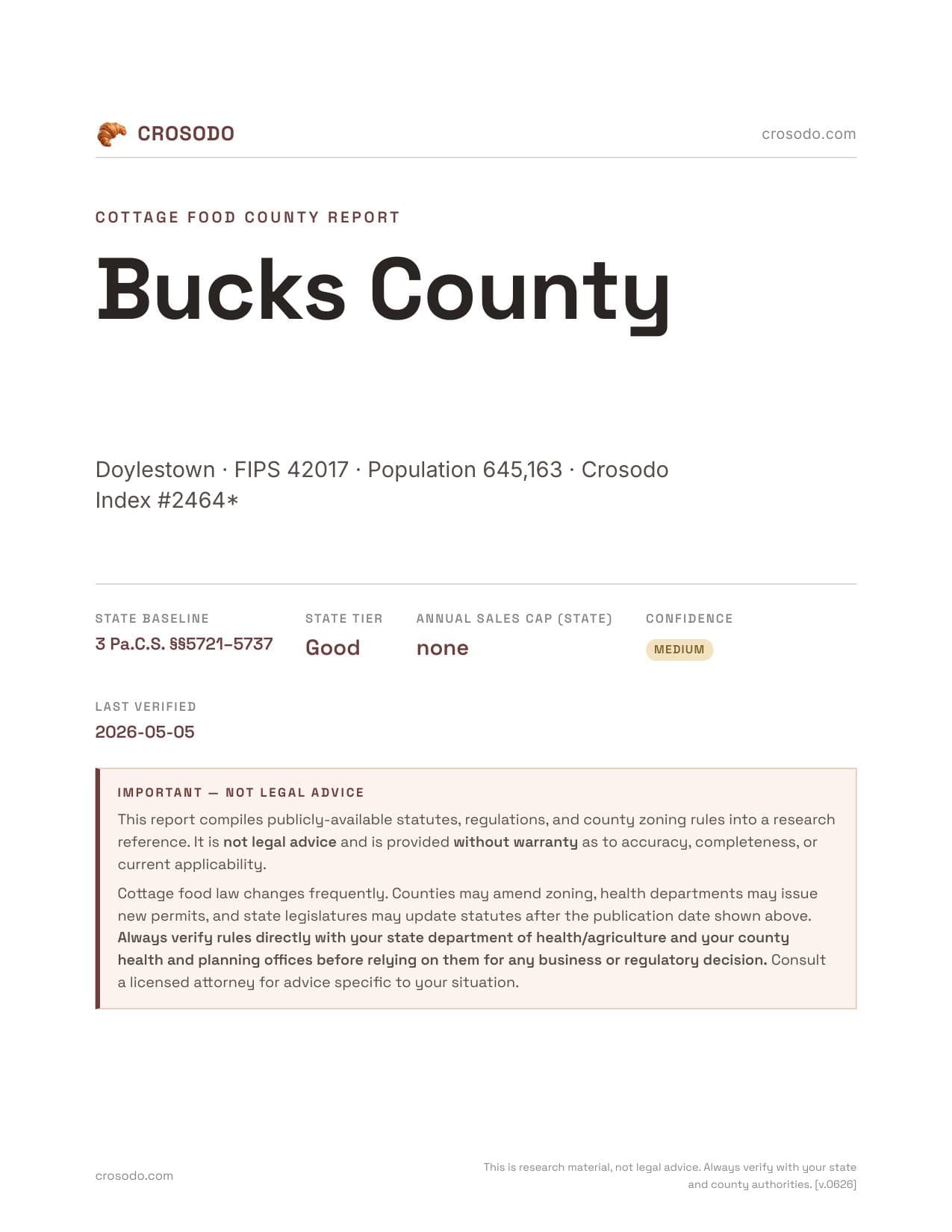 Cover of Bucks County county cottage food report