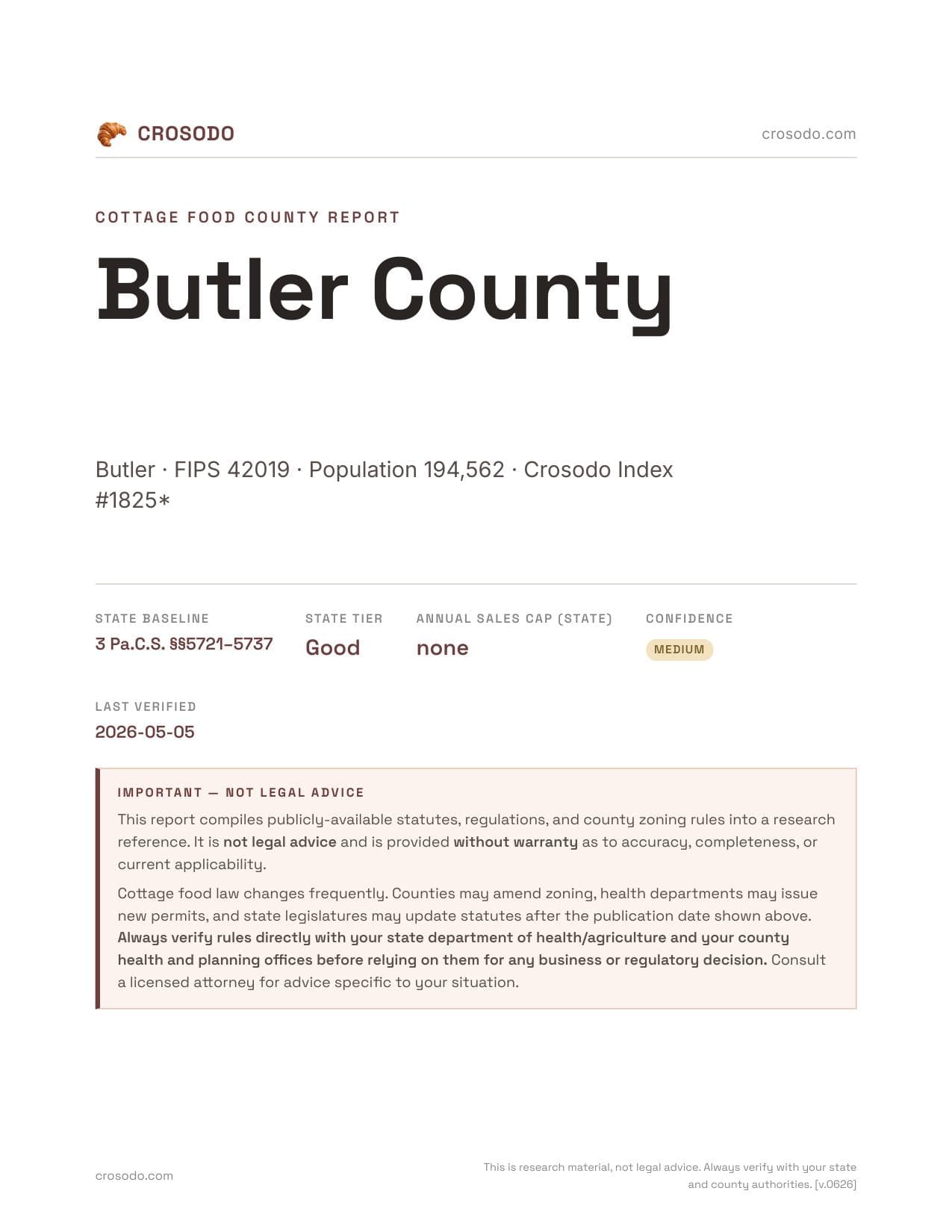 Cover of Butler County county cottage food report