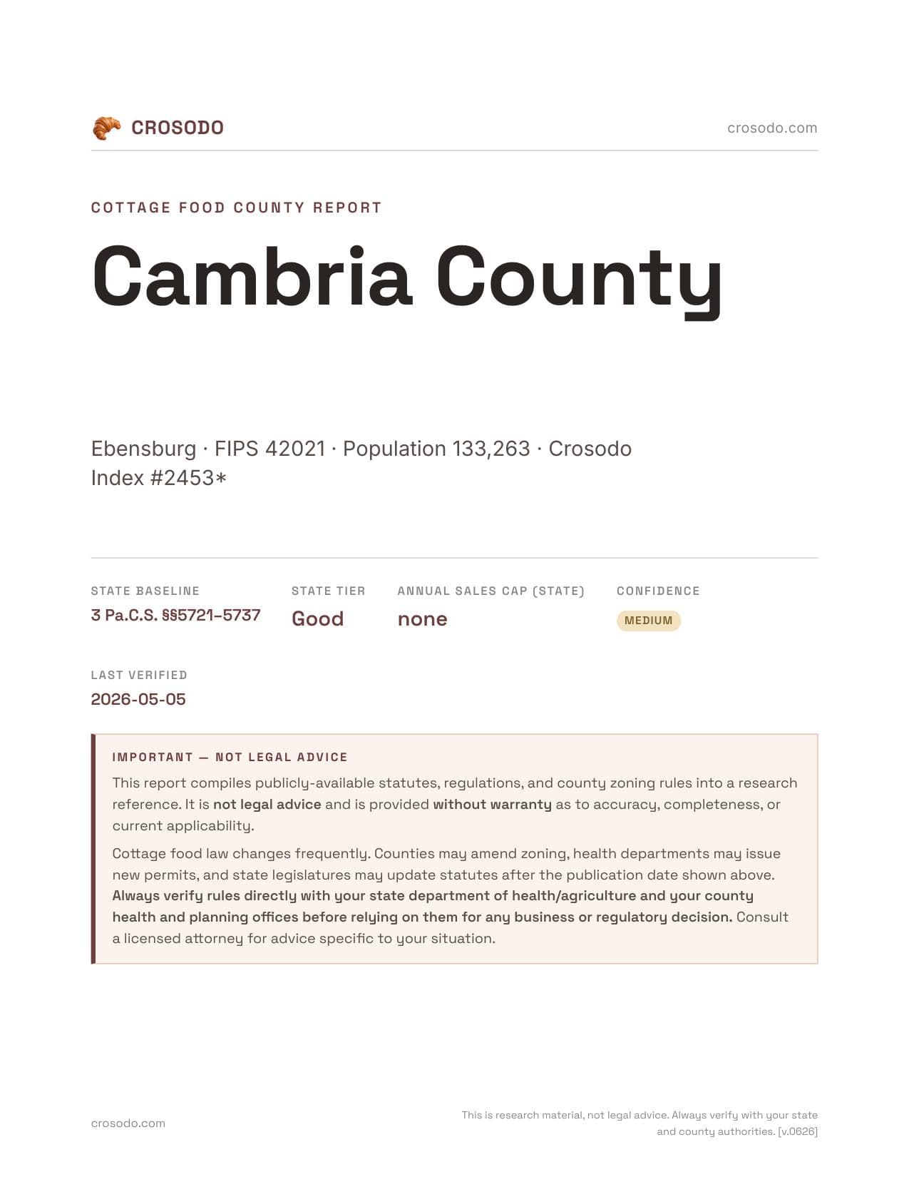 Cover of Cambria County county cottage food report