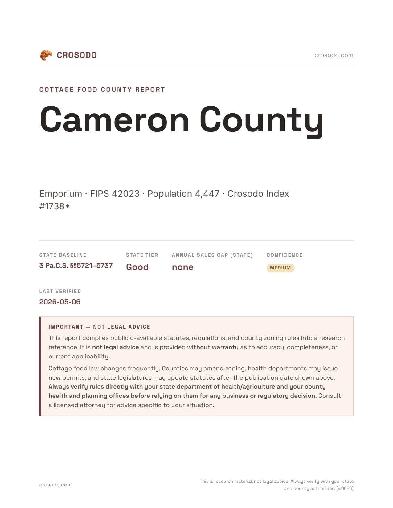 Cover of Cameron County county cottage food report