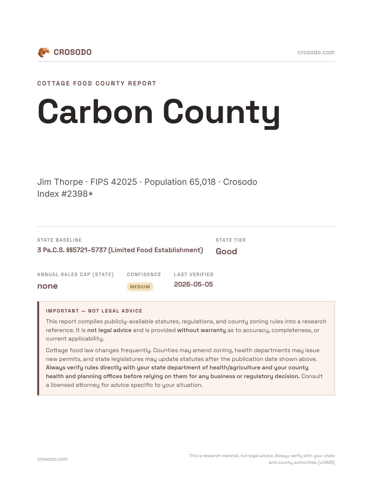 Cover of Carbon County county cottage food report