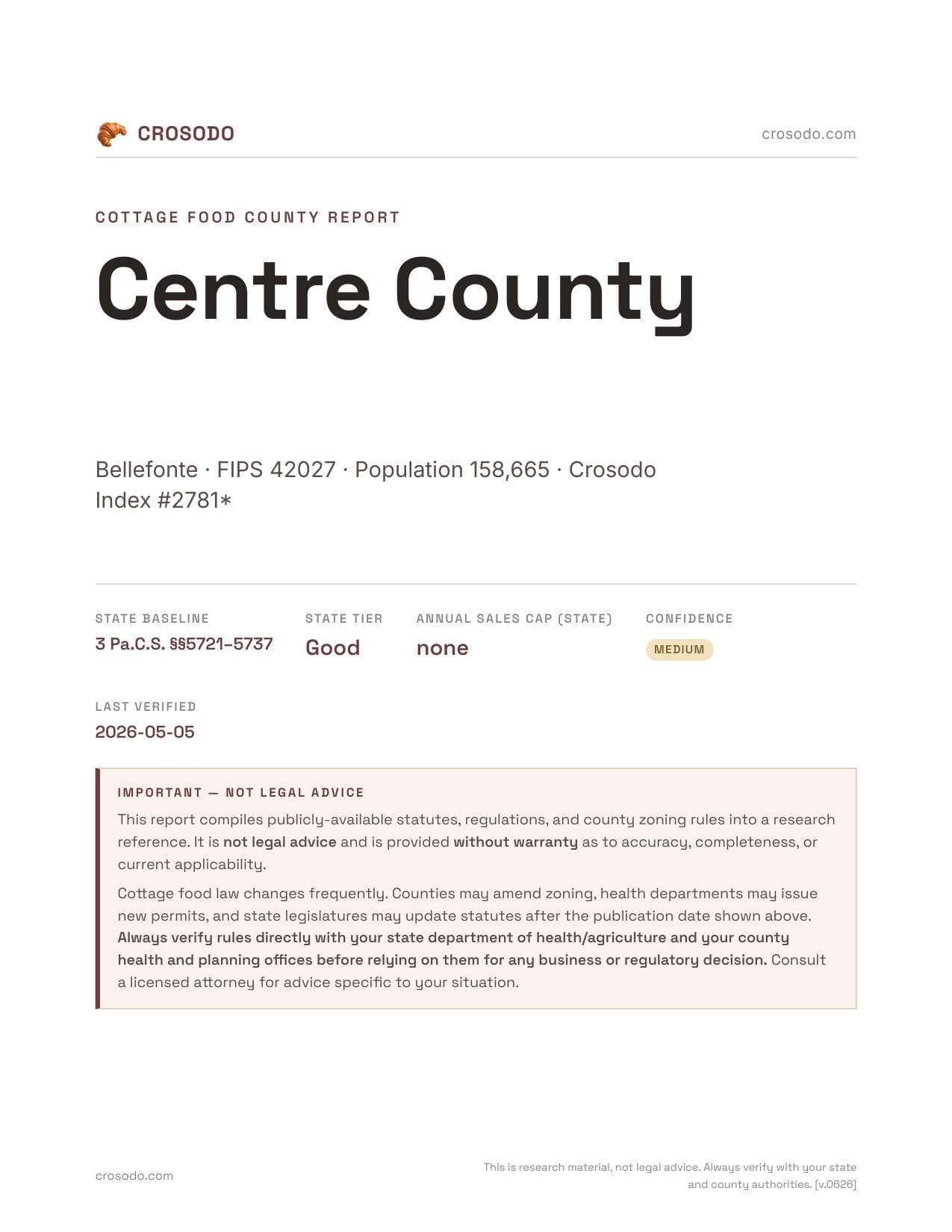 Cover of Centre County county cottage food report
