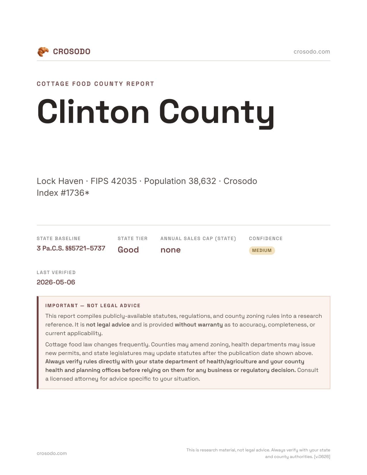 Cover of Clinton County, Pennsylvania cottage food report
