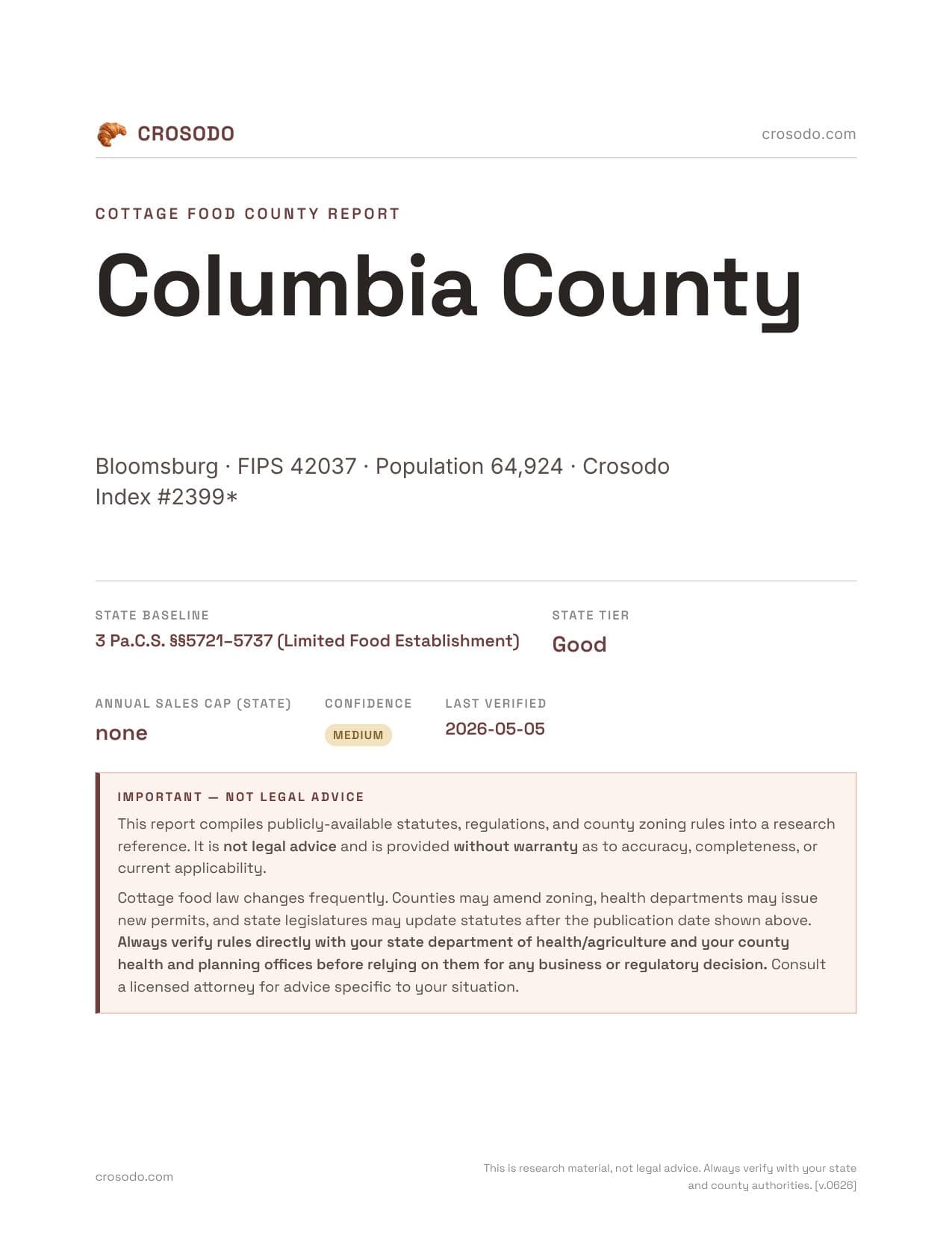 Cover of Columbia County county cottage food report