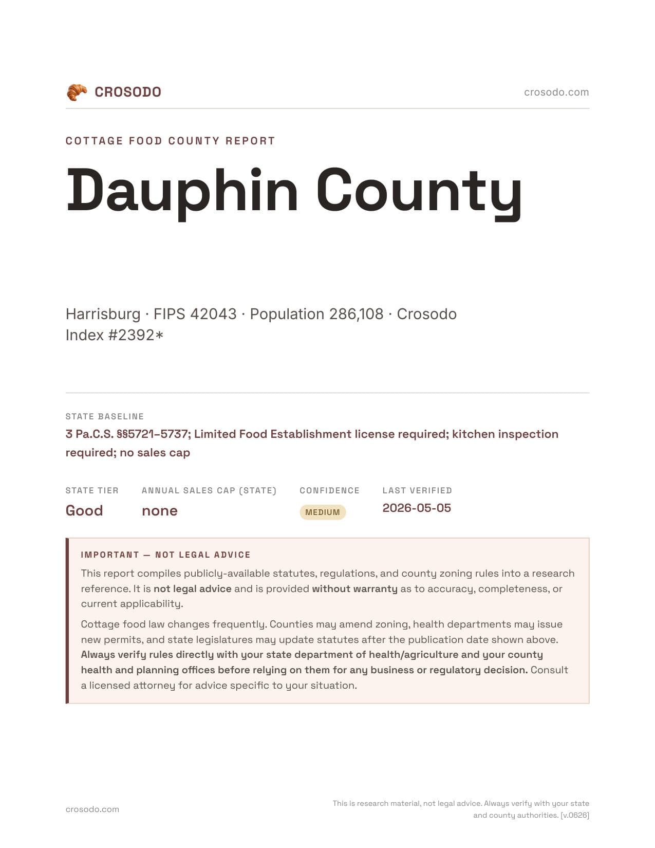 Cover of Dauphin County county cottage food report