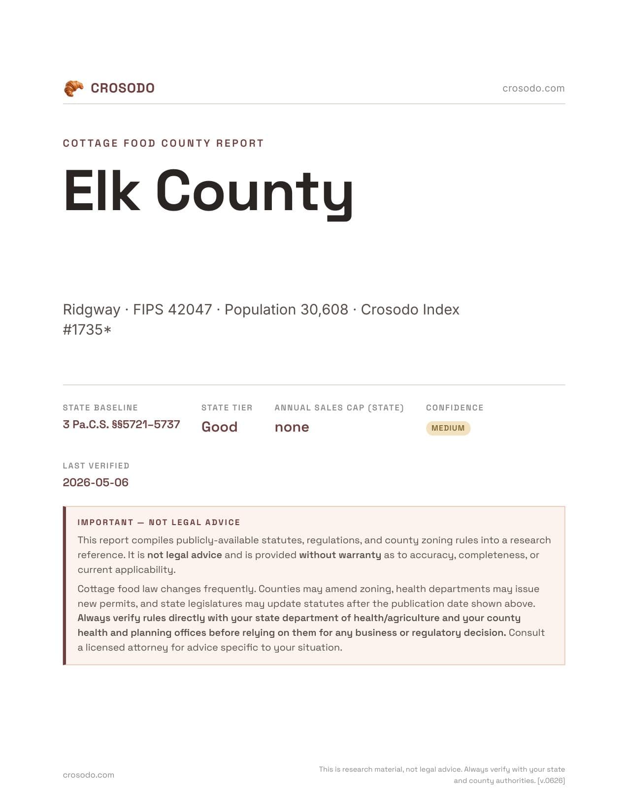 Cover of Elk County county cottage food report