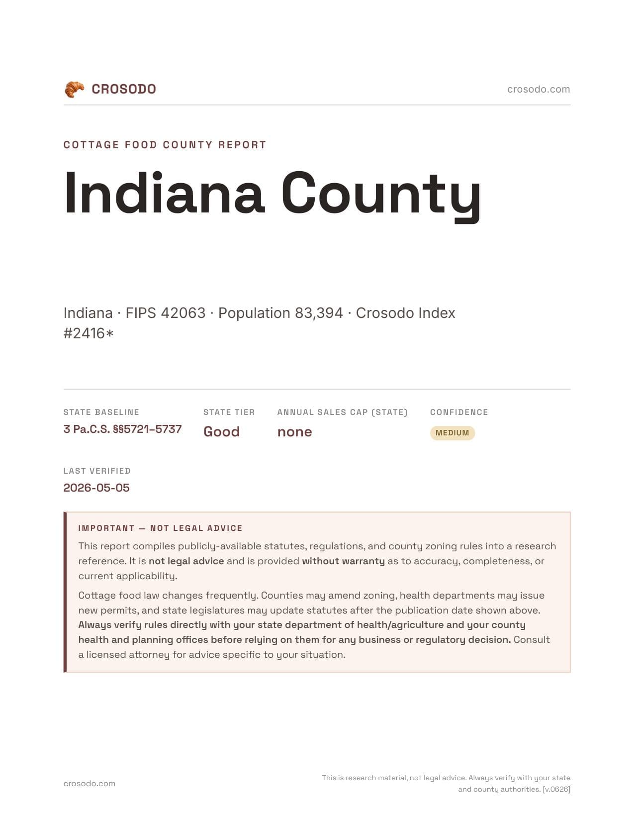 Cover of Indiana County county cottage food report