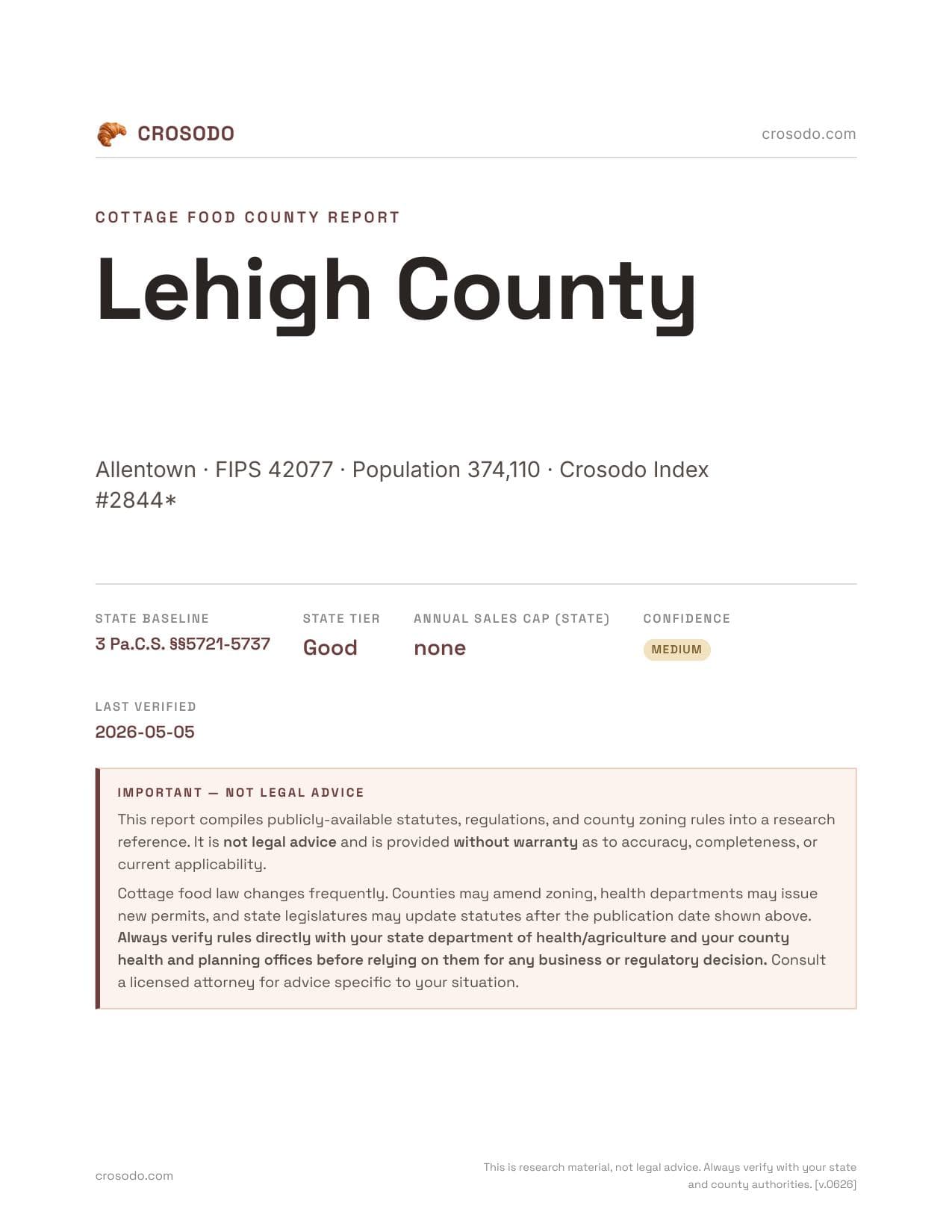 Cover of Lehigh County county cottage food report