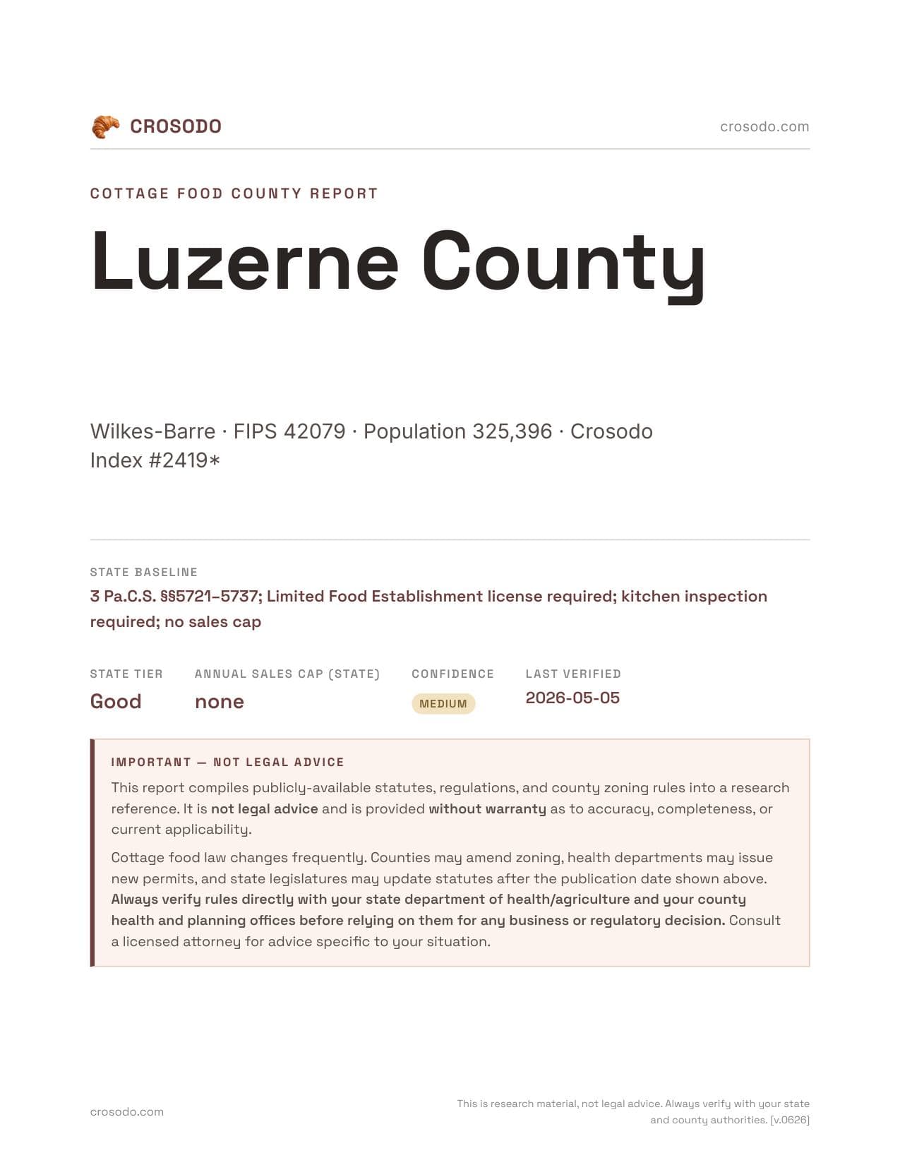 Cover of Luzerne County county cottage food report
