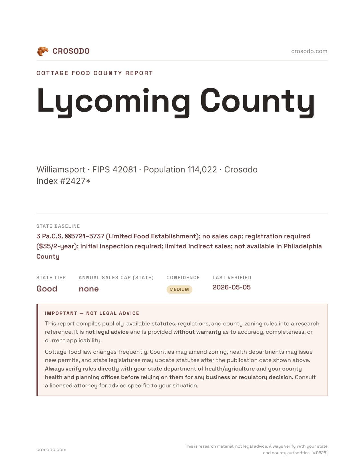 Cover of Lycoming County county cottage food report