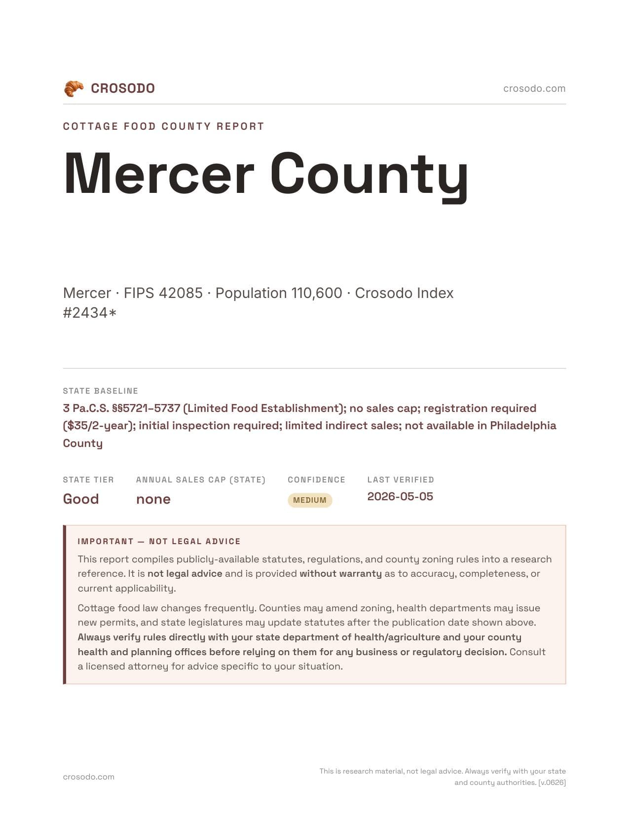 Cover of Mercer County county cottage food report