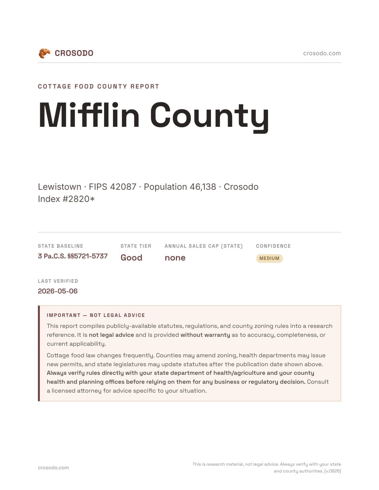 Cover of Mifflin County county cottage food report