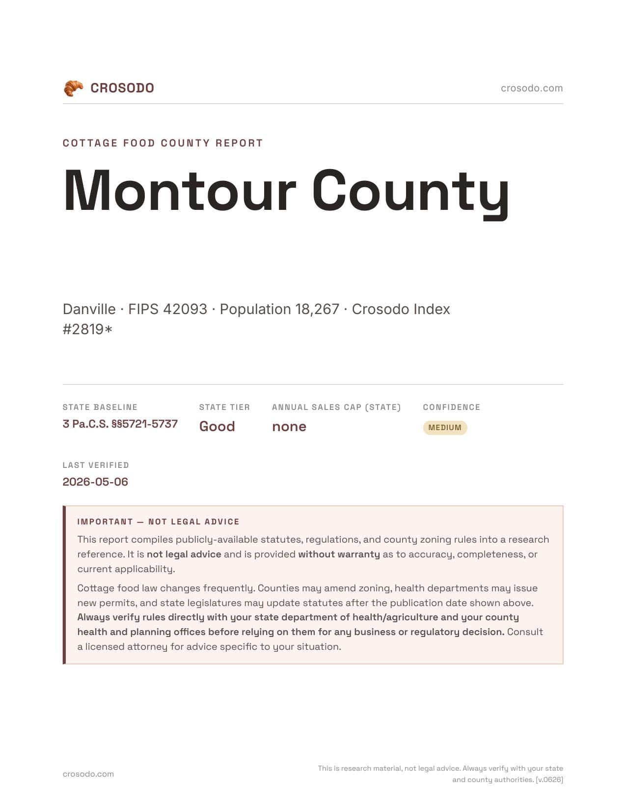 Cover of Montour County county cottage food report