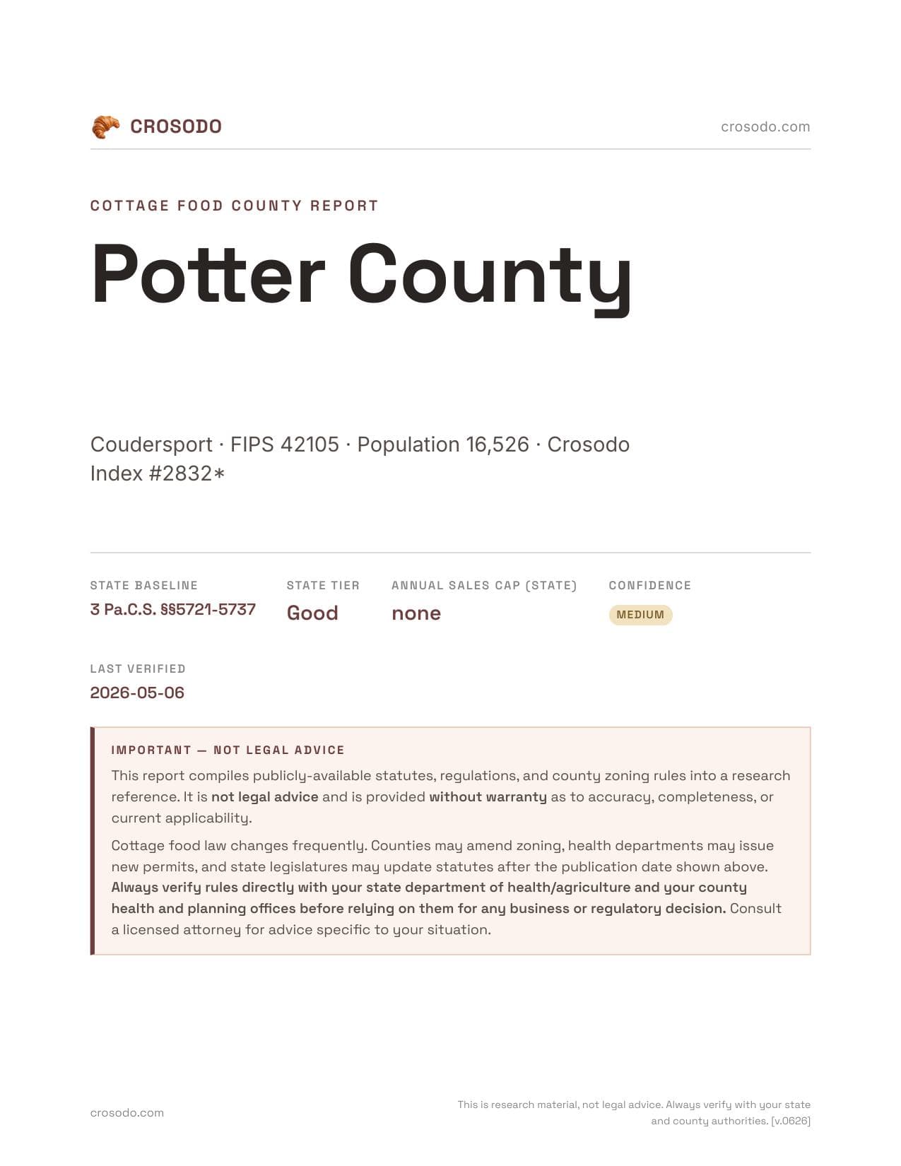 Cover of Potter County county cottage food report
