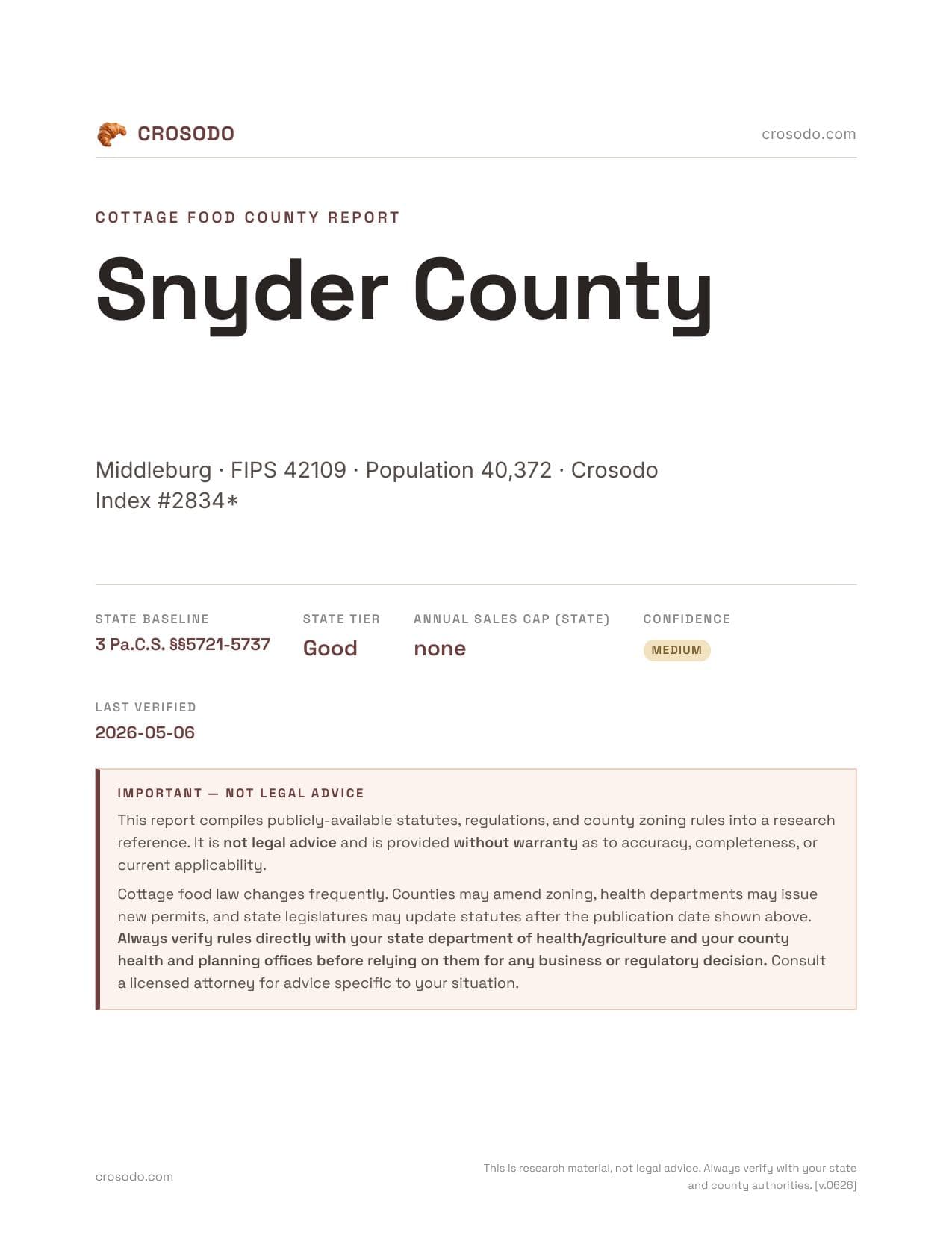 Cover of Snyder County county cottage food report