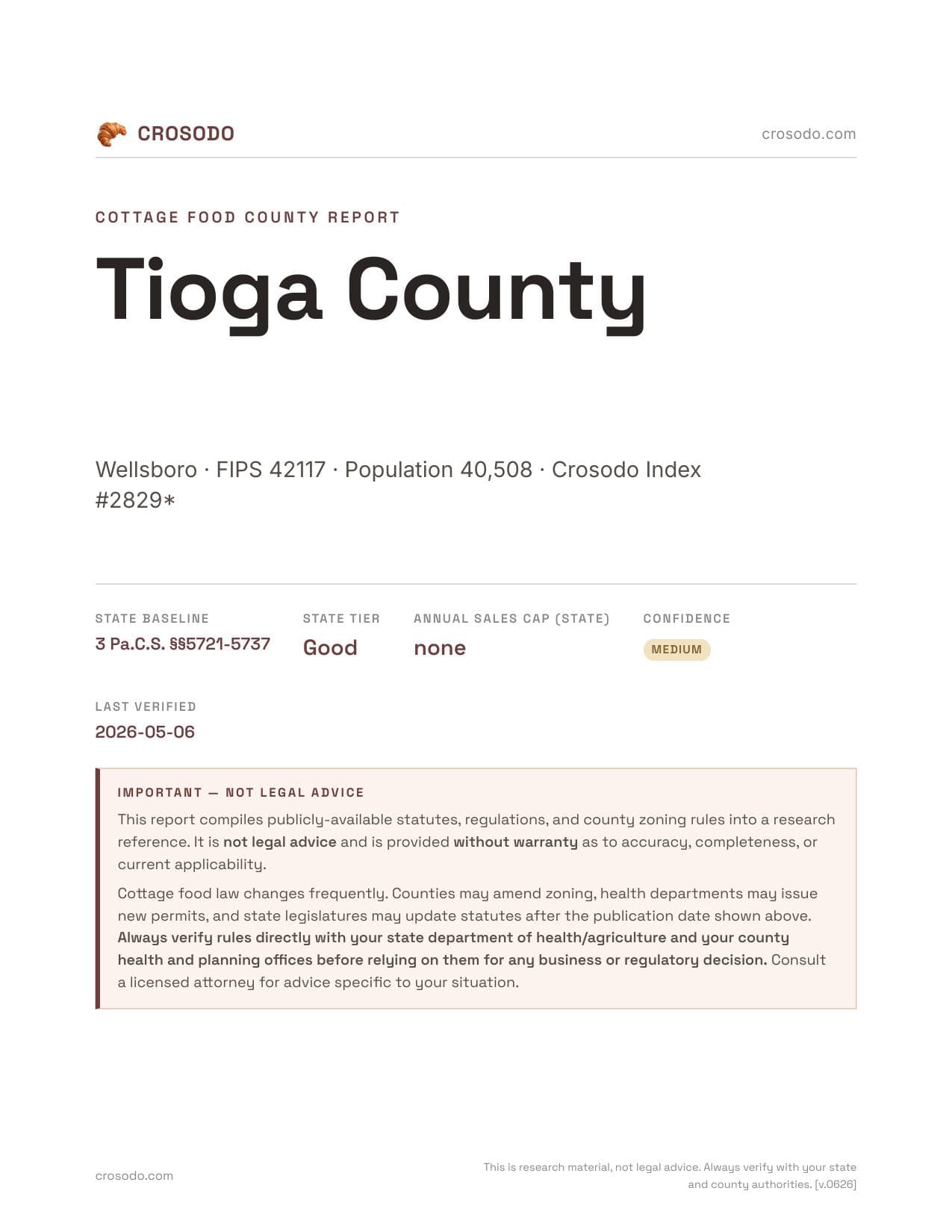 Cover of Tioga County, Pennsylvania cottage food report