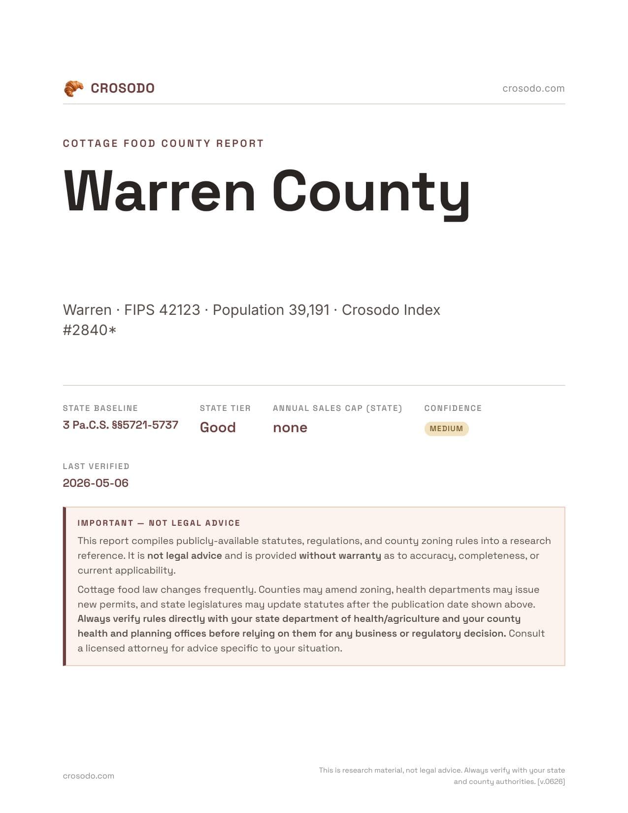 Cover of Warren County county cottage food report