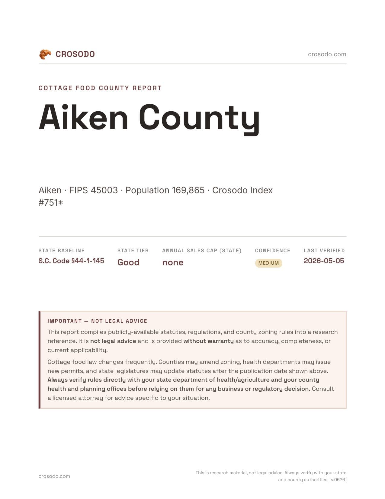 Cover of Aiken County county cottage food report