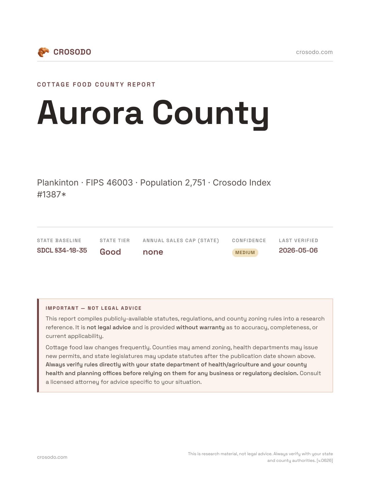Cover of Aurora County county cottage food report