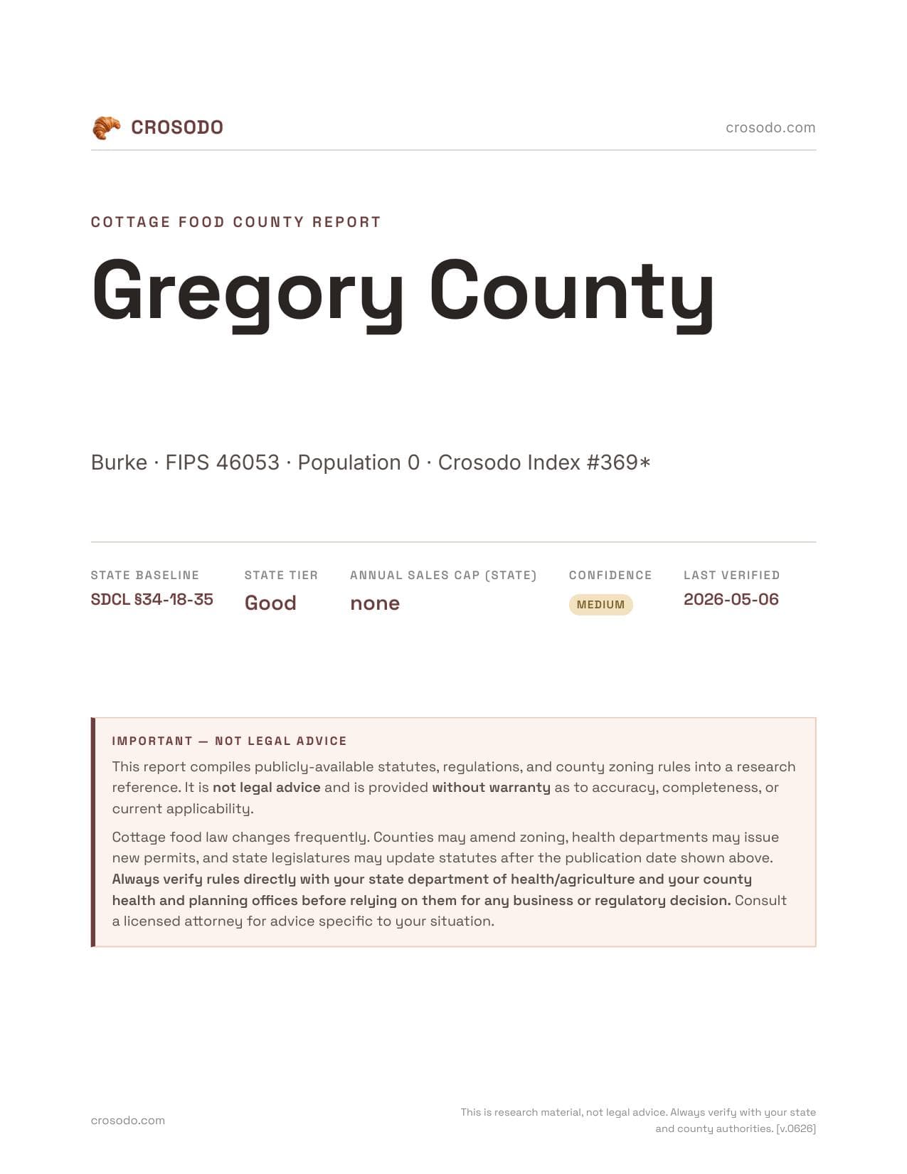 Cover of Gregory County county cottage food report