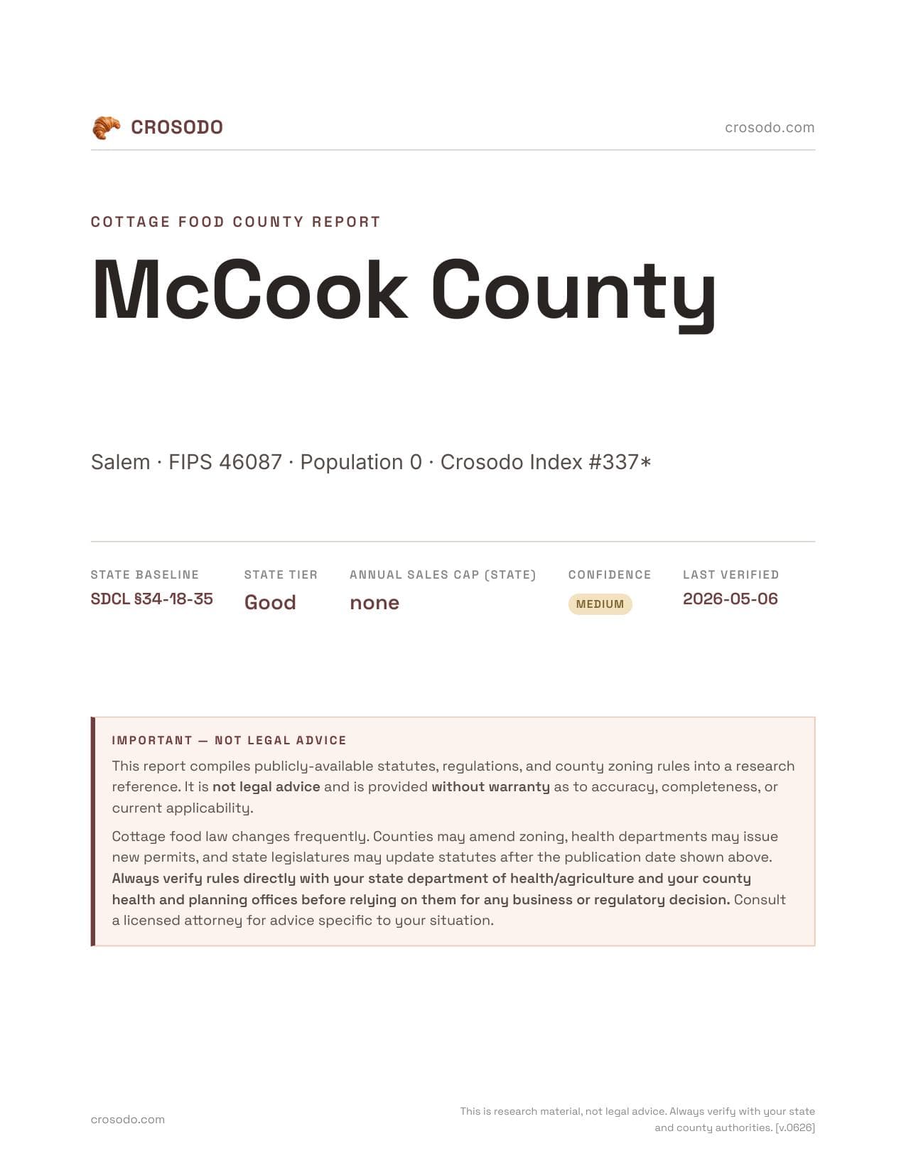 Cover of McCook County county cottage food report
