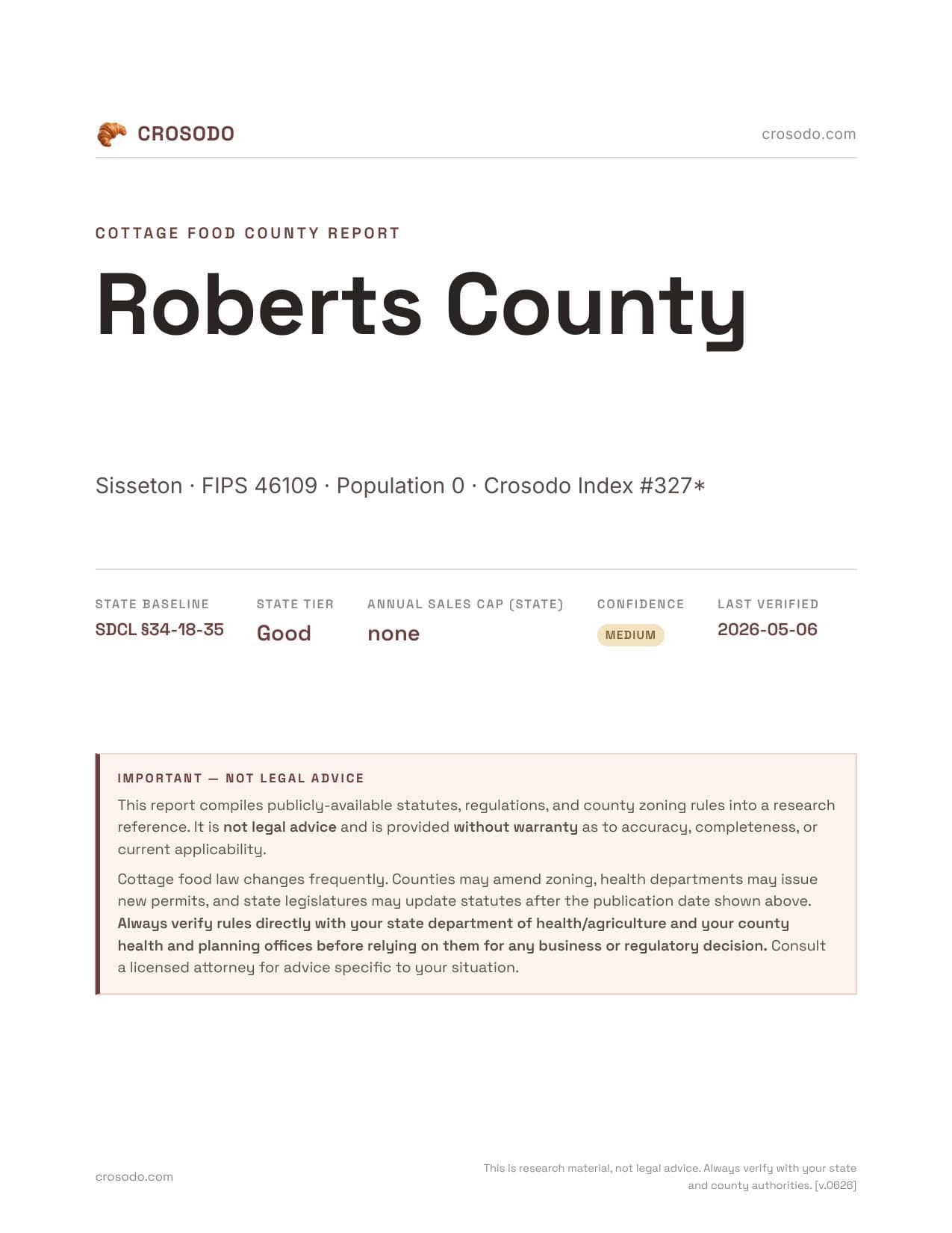 Cover of Roberts County county cottage food report