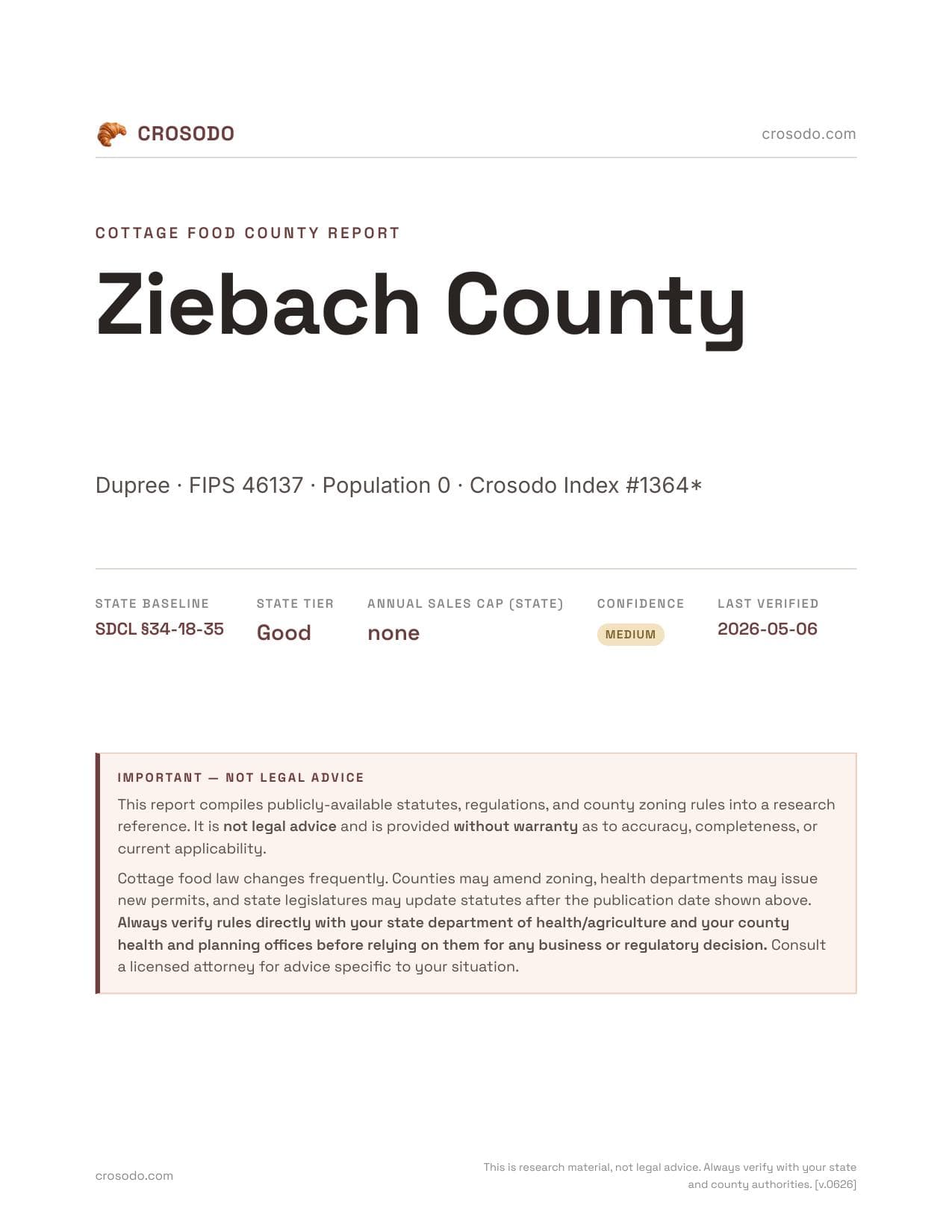 Cover of Ziebach County county cottage food report