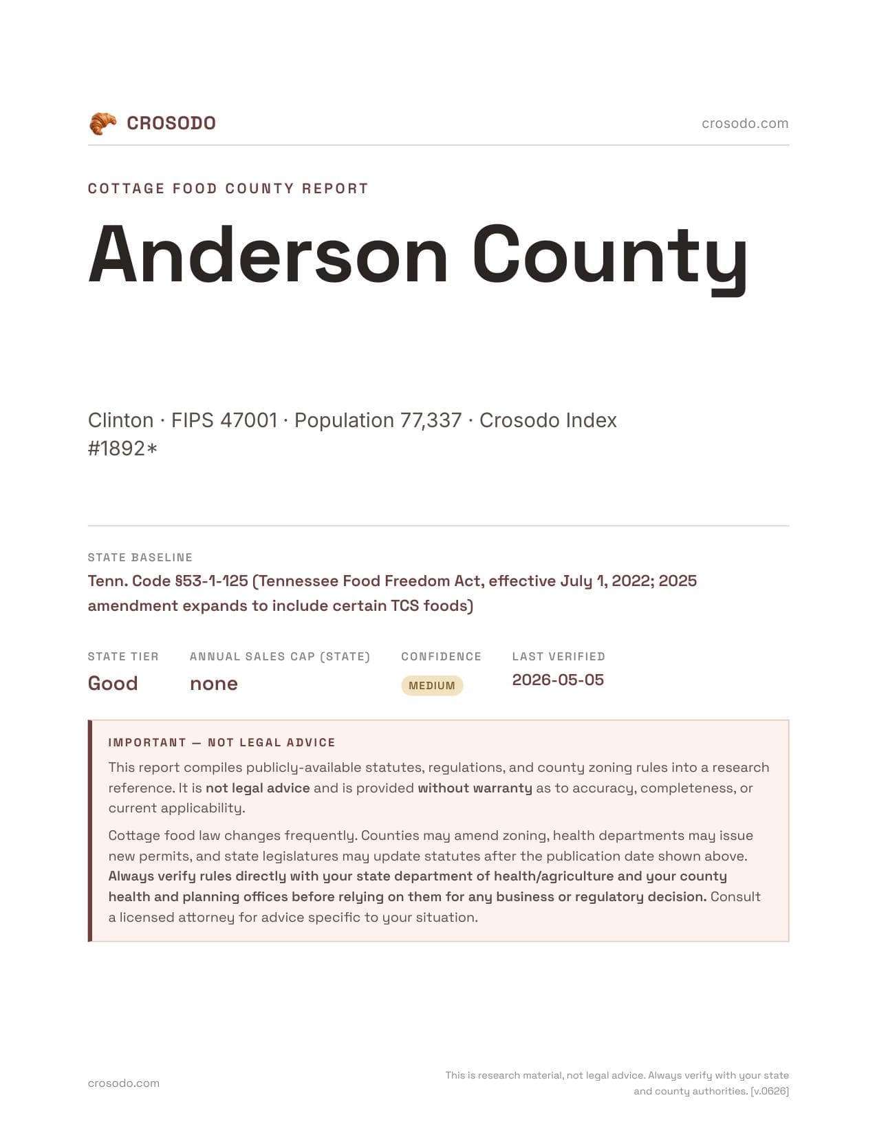 Cover of Anderson County county cottage food report