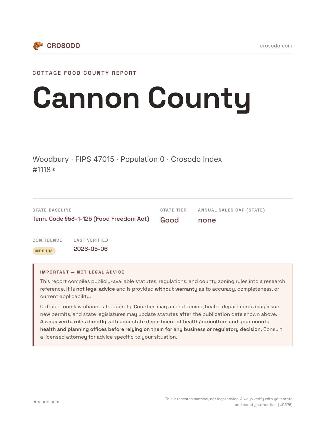 Cover of Cannon County county cottage food report