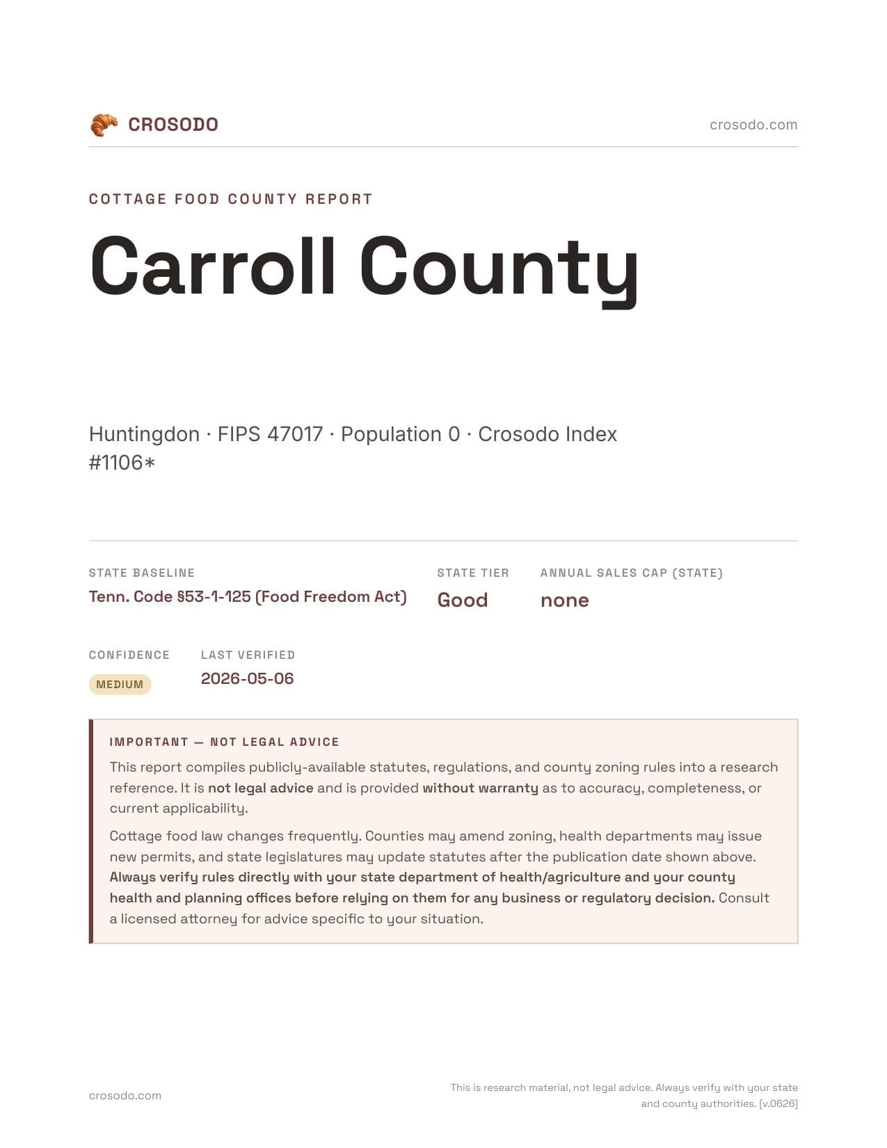 Cover of Carroll County county cottage food report