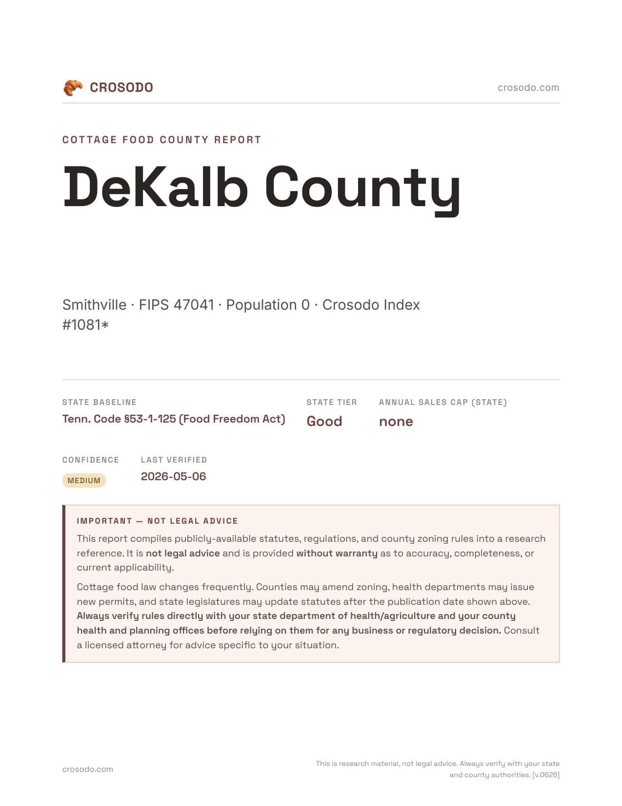 Cover of DeKalb County, Tennessee cottage food report