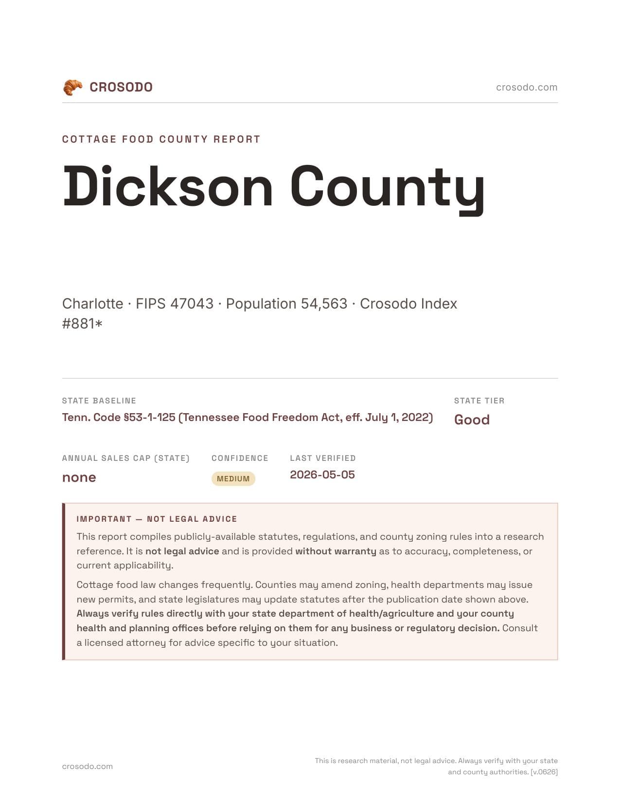 Cover of Dickson County county cottage food report