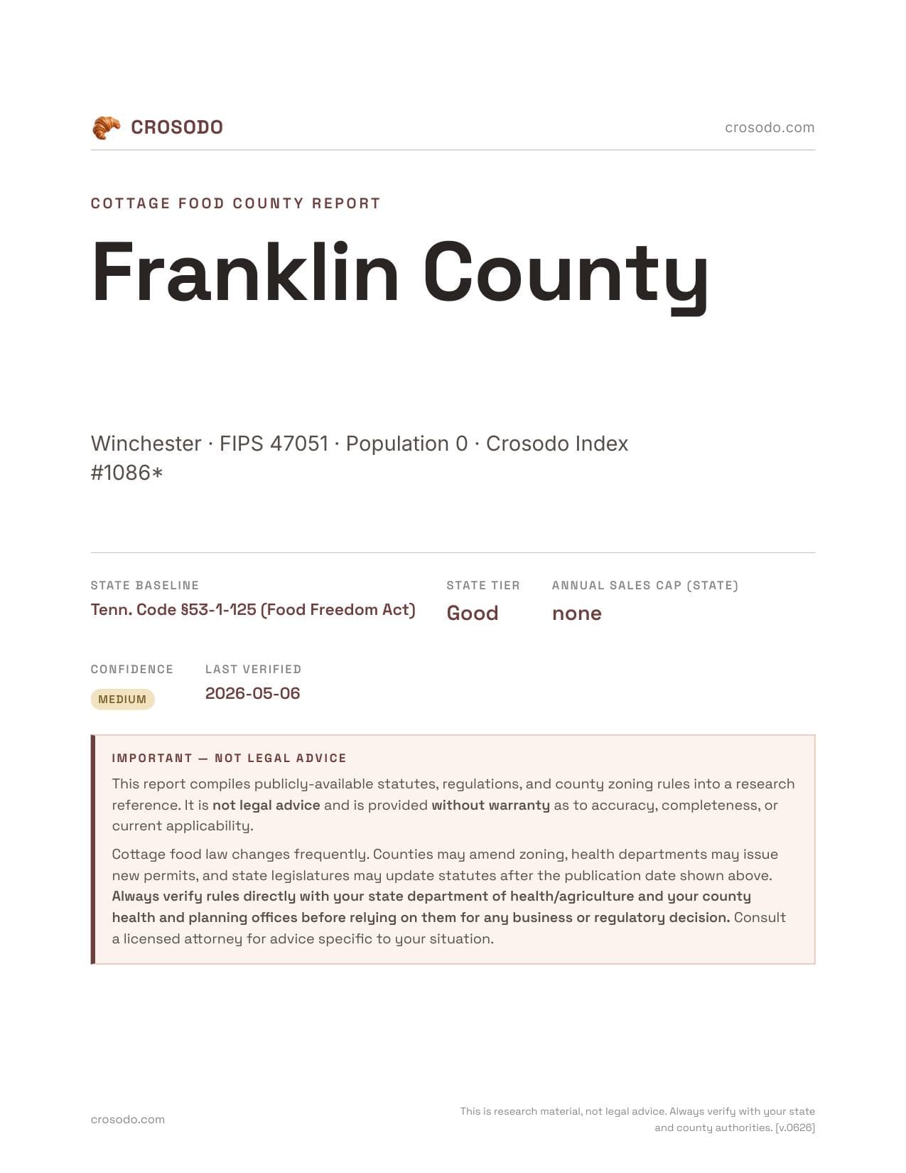 Cover of Franklin County county cottage food report