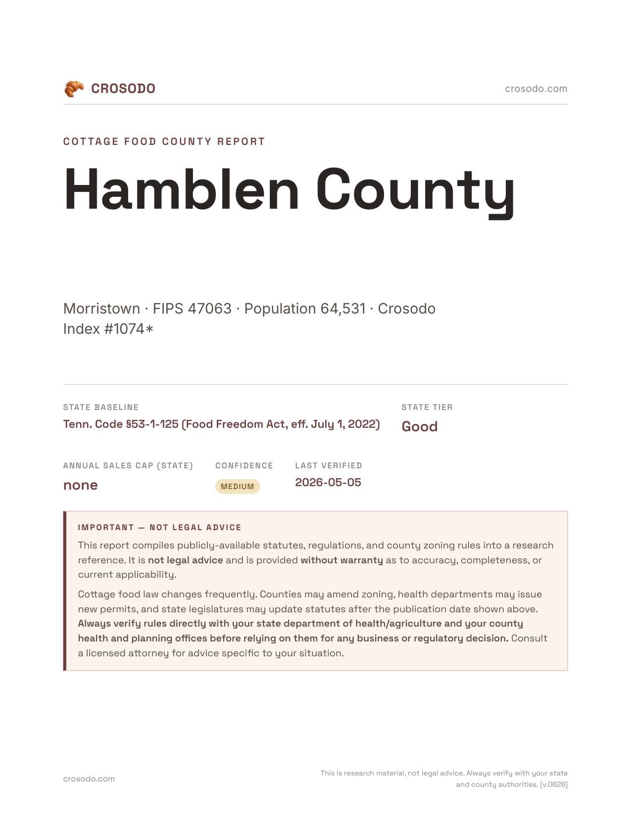 Cover of Hamblen County county cottage food report
