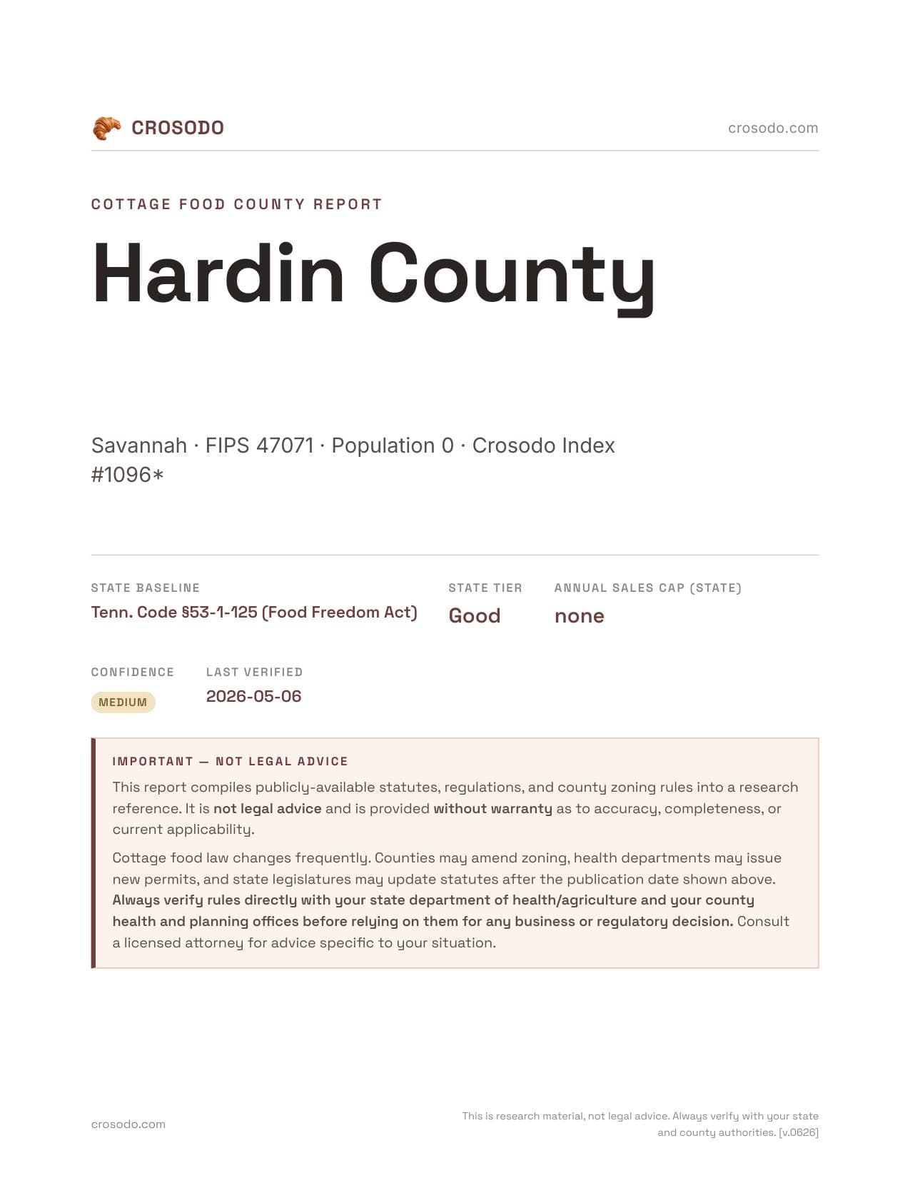 Cover of Hardin County county cottage food report