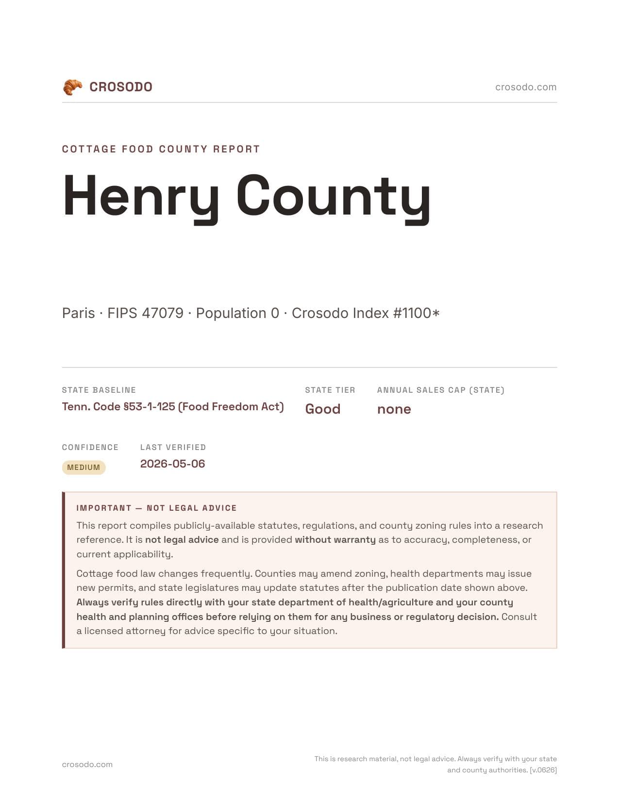 Cover of Henry County, Tennessee cottage food report