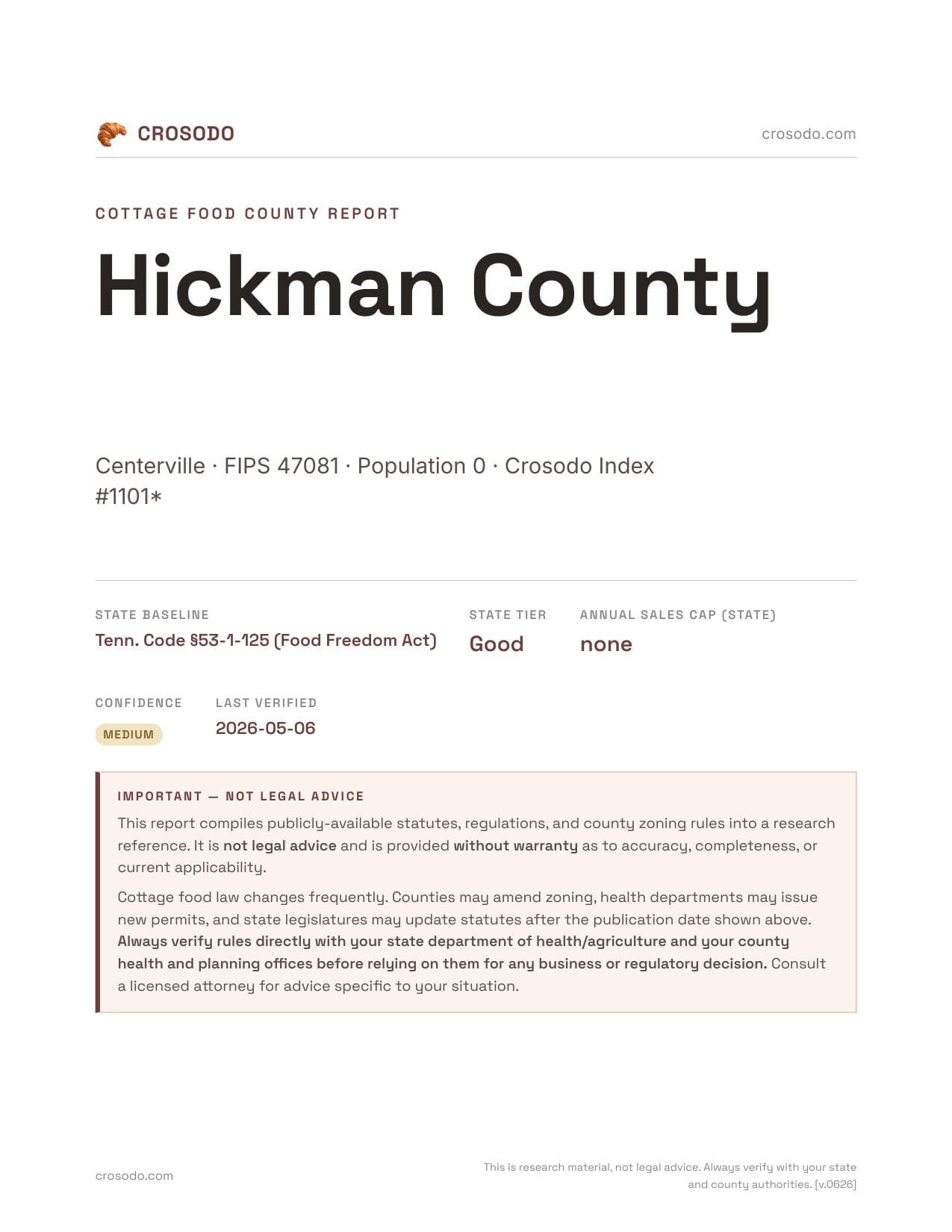 Cover of Hickman County county cottage food report