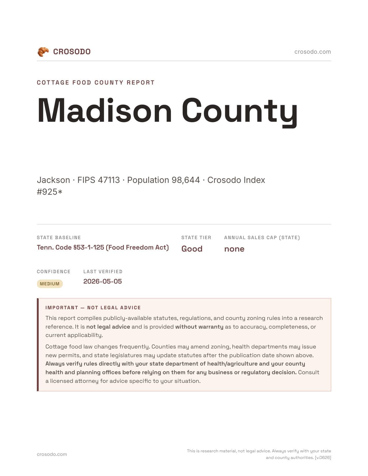 Cover of Madison County county cottage food report
