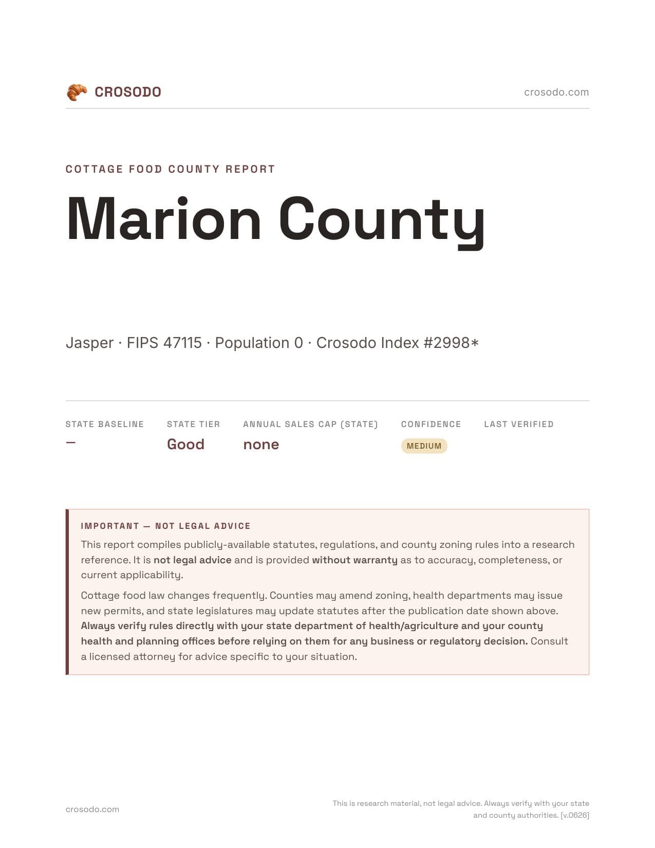 Cover of Marion County county cottage food report